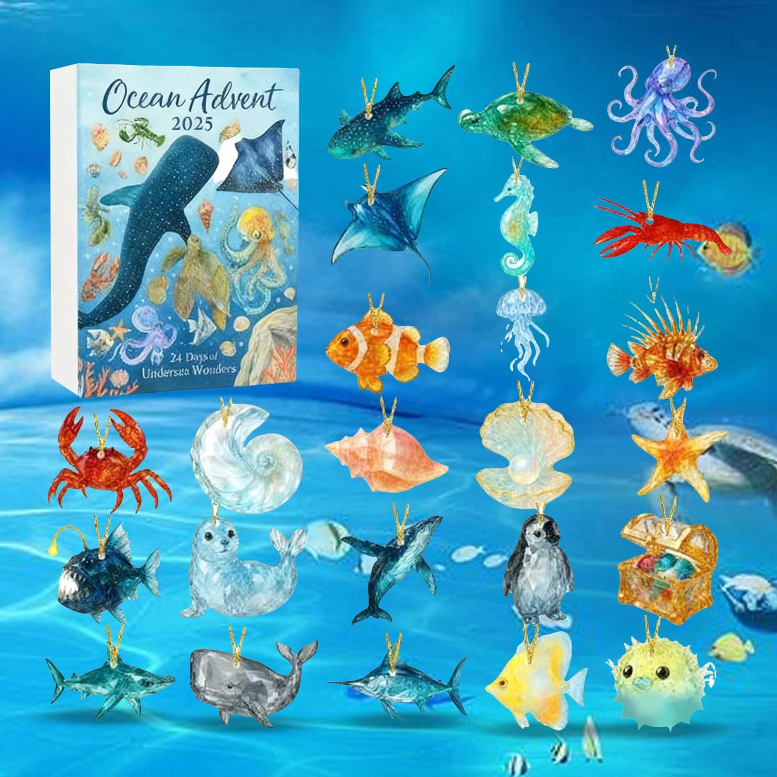 CY5O5ee Calendriers de l'Avent Océans Animaux 2025 Noël 24 Jours Calendrier à Compte à Rebours avec 24 Pcs Ornement Suspendu en Acrylique Décoration pour Arbre de Noël