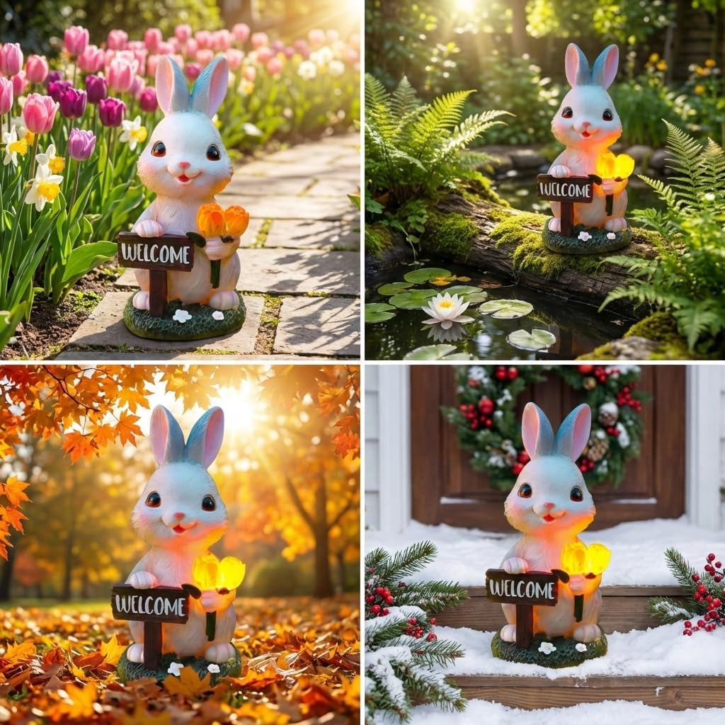 Solar Outdoor Garden Decor Rabbit Statues Lights,Cute Rabbit Easter Decorations Birthday Gifts for Mom Grandma Women, Housewarming Gifts Bunny Garden Sculpture for Patio Balcony Yard Ornament (Rabbit)