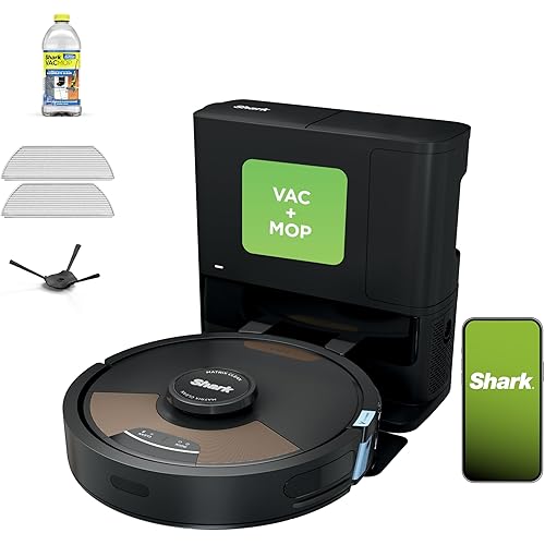 Shark Matrix Plus 2in1 Robot Vacuum & Mop with Sonic Mopping, Matrix Clean, Home Mapping, HEPA Bagless Self Empty Base, CleanEdge, for Pet Hair, WiFi, Compatible with Alexa, Black/Gold (AV2613WA)