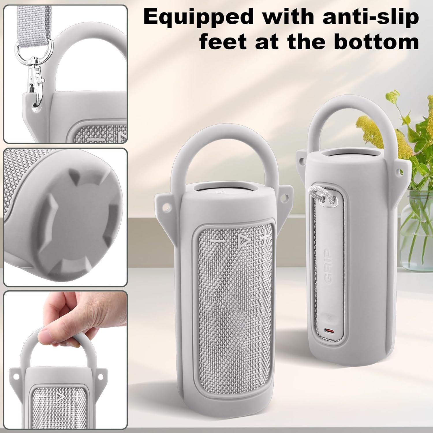 for JBL Grip Portable Waterproof Speaker Silicone Case, Portable Travel Soft Cover with Shoulder Strap and Carabiner, Protective Skin Case (White) - co2CREA - Image 4