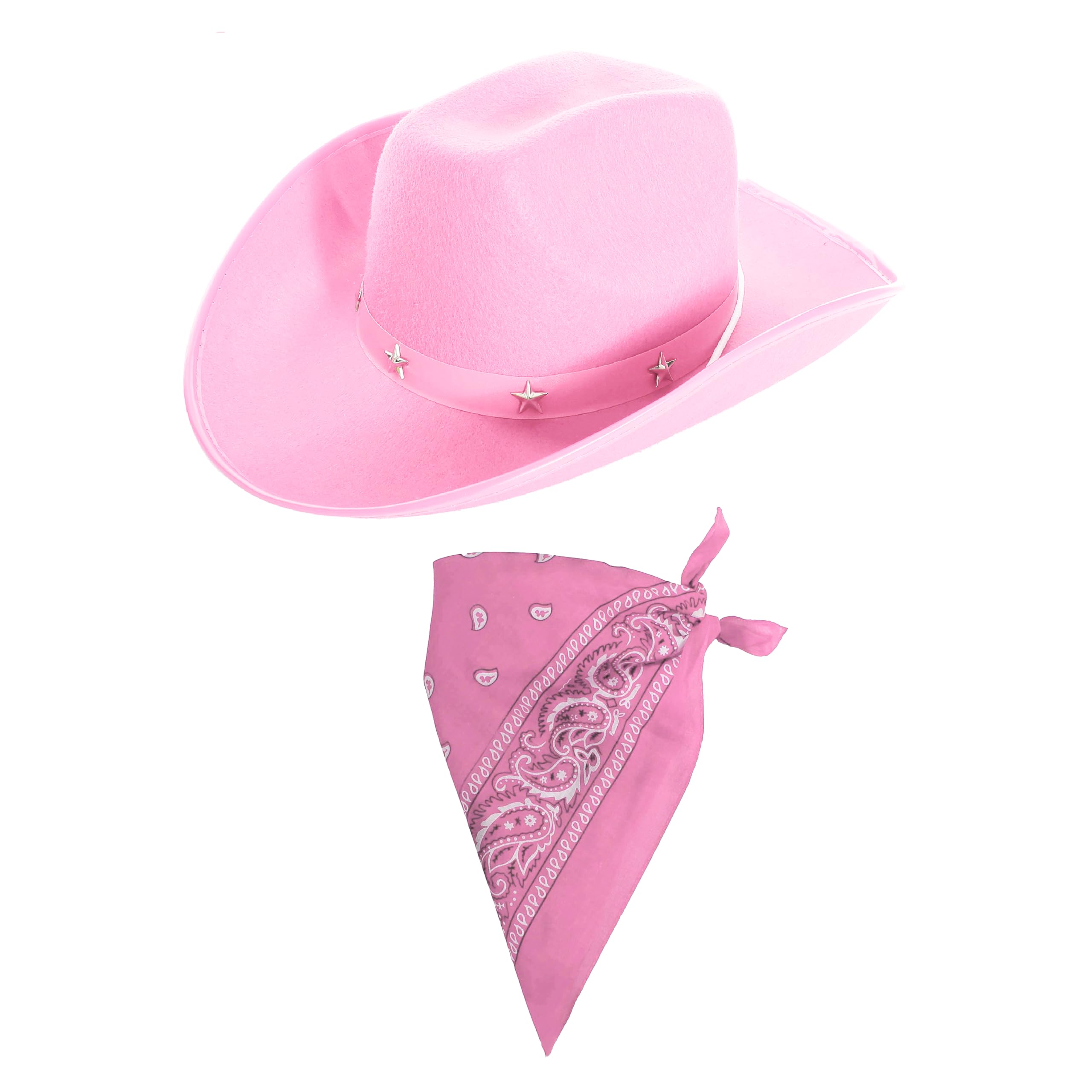Pink Cowboy Hat With Star Studded Band + Pink Paisley Bandana Fancy Dress Accessory Set Hen Night Ladies Cowgirl Set (Pack of 1)