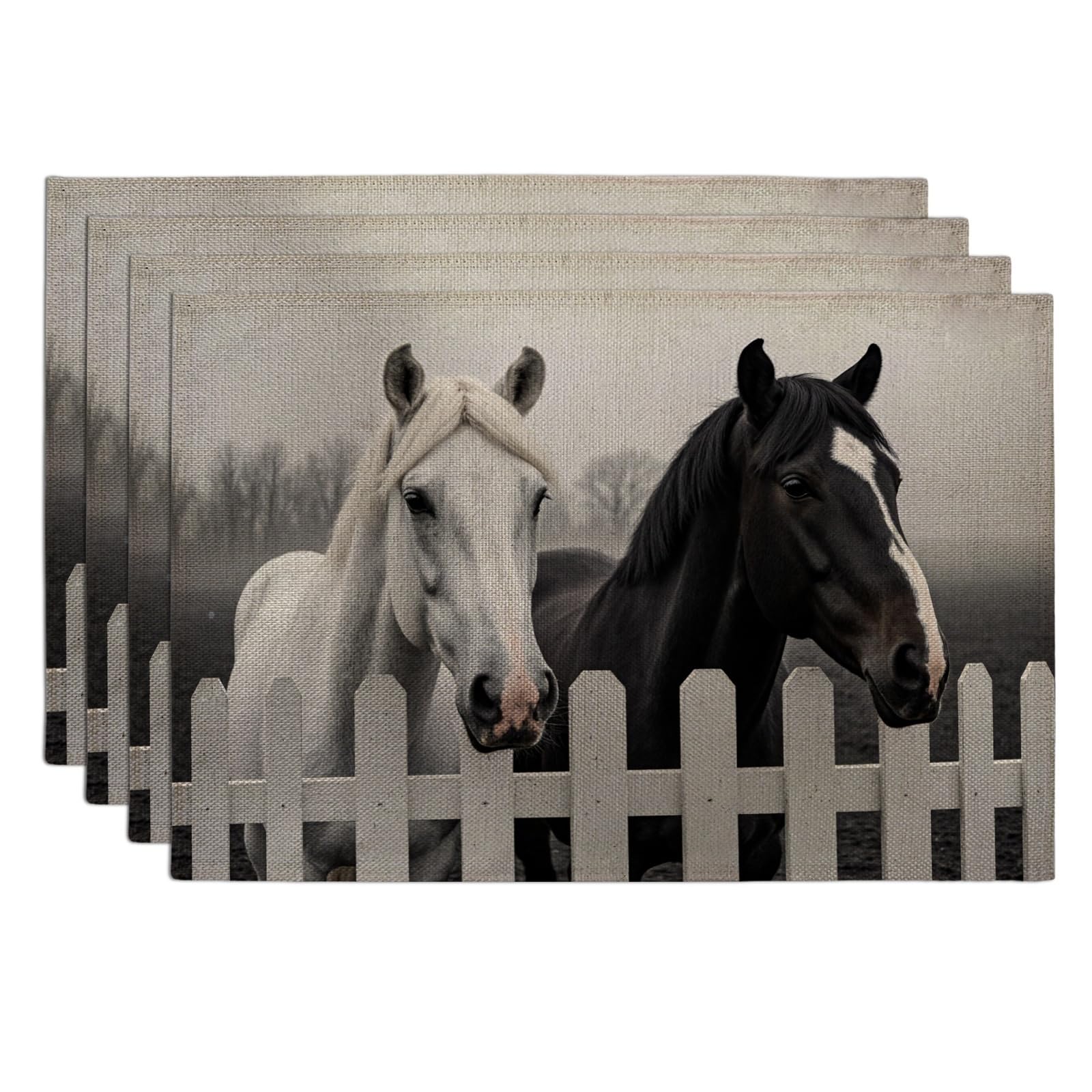 Horse Farmhouse Placemats, Rustic Animal Print Place Mats for Dining Table, Country Chic Non-Slip Washable Indoor Outdoor Kitchen Party Decorative Placemat Set of 4
