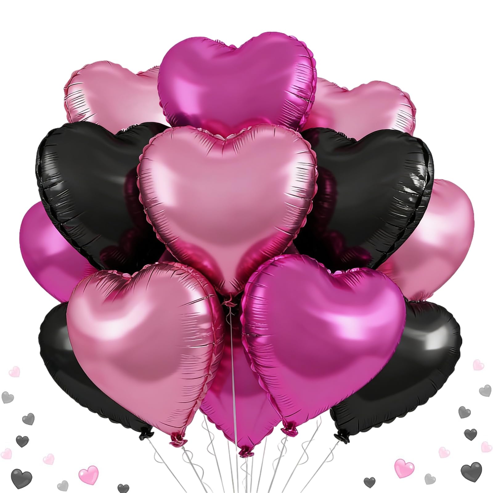 Black Rose Red Heart Balloons,18 Inch Black Pink Heart Shape Balloons,12PCS Foil Heart Balloon Helium for Birthday Party Bridal Engagement Wedding Anniversary Baby Shower Valentines Decor