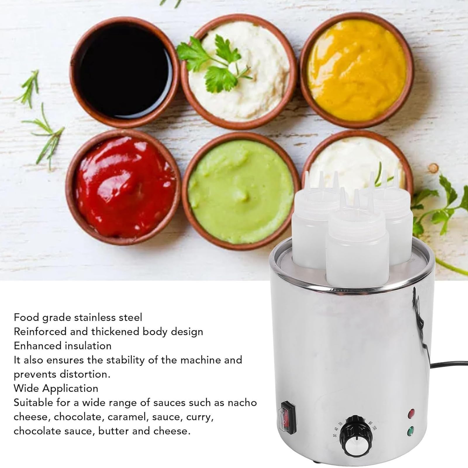 Calentador eléctrico ajustable de salsa, calentador de acero inoxidable para queso, nachos, chocolate caliente y mantequilla, máquina de conservación del calor para salsas y condimentos