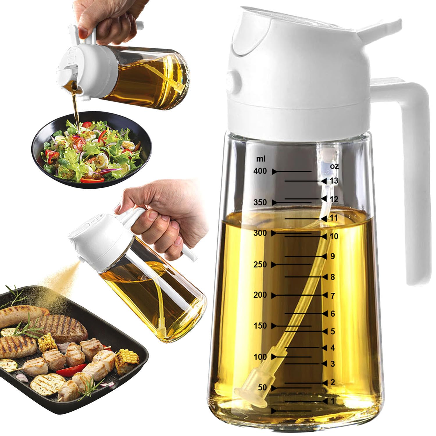 TrendPlain 470ml Olive Oil Spray Bottle for Kitchen Gadgets - 2 in 1 Olive Oil Dispenser Bottle and Air Fryer Accessories for Cooking, Salad and BBQ - White