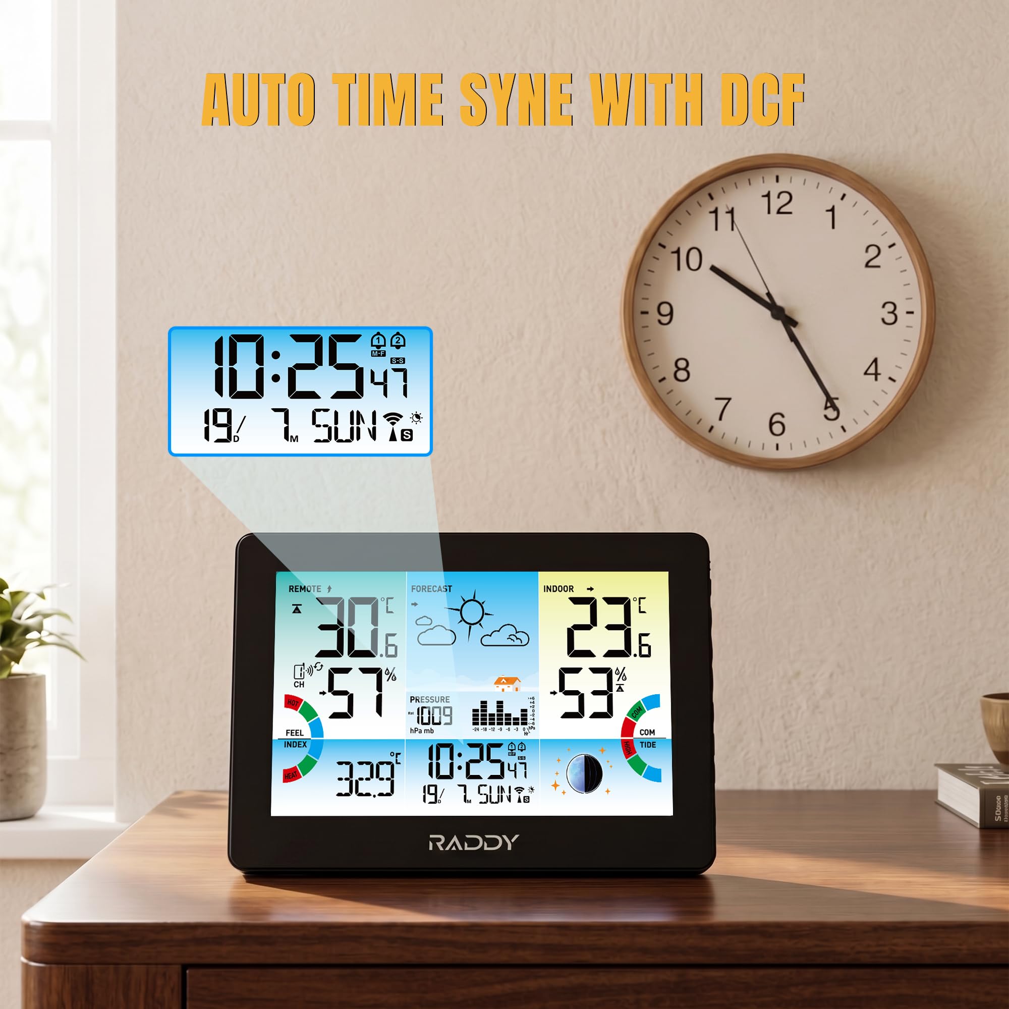 Raddy HW75 Stazione Meteo Wireless, Schermo a Colori 7,5", Termometro Igrometro Interno Esterno, Pressione Barometrica, Orologio Atomico, Indice di Calore, Punto di Rugiada, Fase Lunare, Giardino