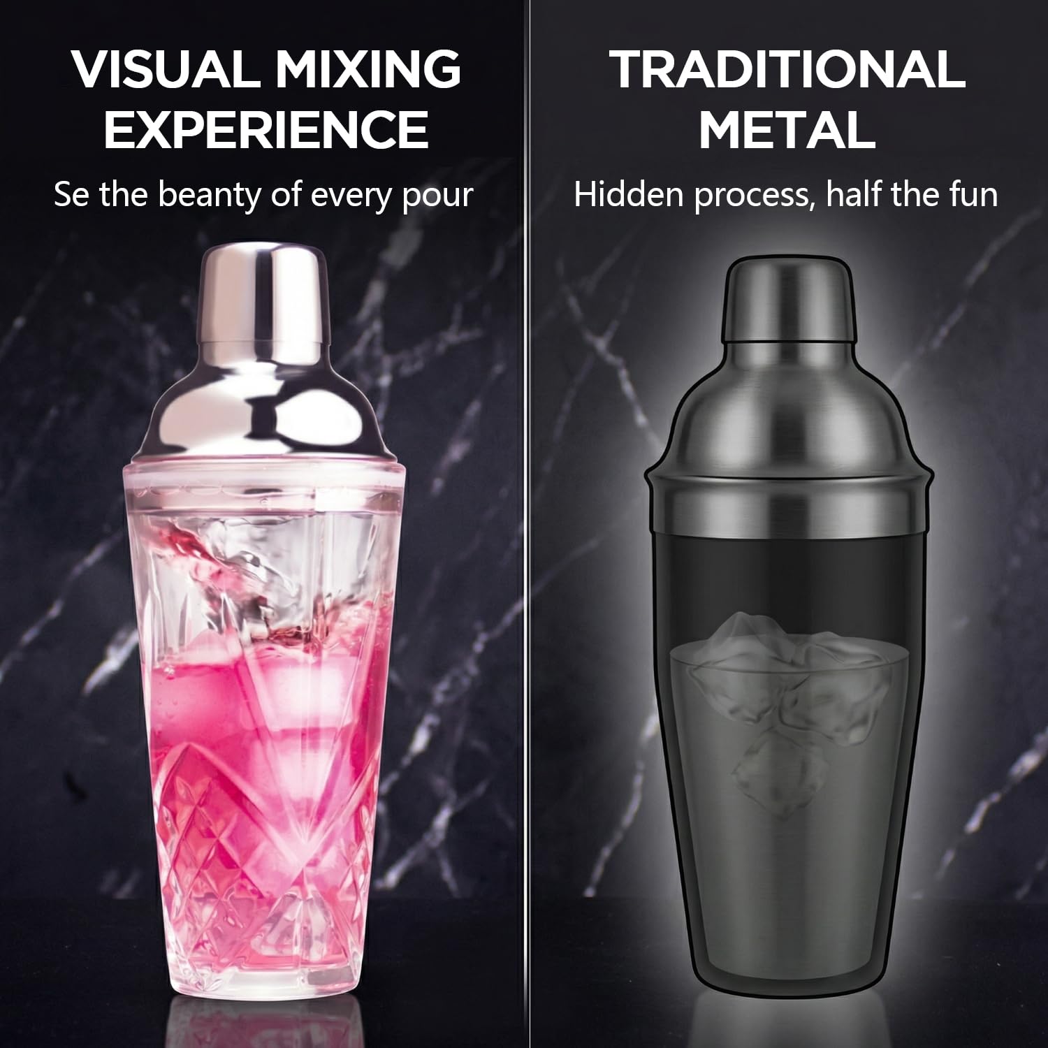 Kit de coctelera de vidrio, juego de fabricación de cócteles sin alcohol de Martini de 14.5 onzas con tapa de acero metálico a prueba de fugas y colador para uso doméstico y carrito de bar,
