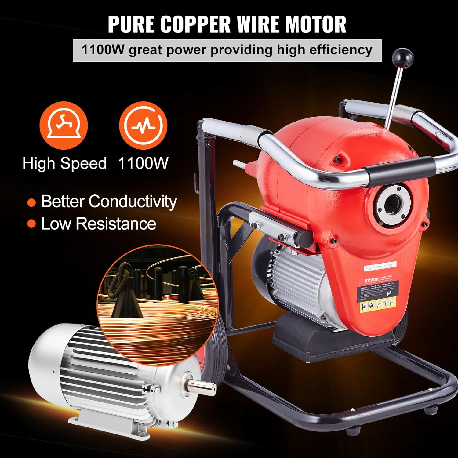 VEVOR Drain Cleaner Machine 120FT x 6/5 Inch, 1100W Electric Sewer Snake Auger Manual Feed - with 6 Cutters and CW/CCW Control for 4" to 8" Pipes