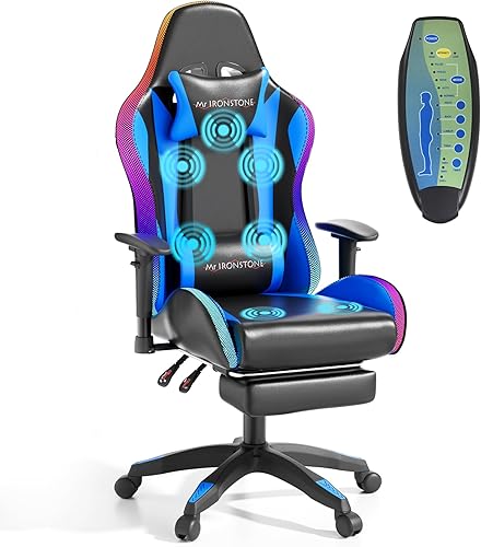 Mr IRONSTONE Silla de masaje para juegos de 7 puntos, silla de oficina con reposapiés y soporte lumbar, altura del asiento ajustable ergonómica, 176