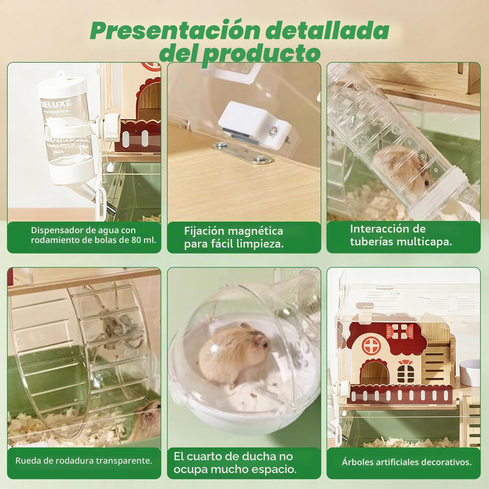 Jaula acrílica para hámster 12 en 1, diseño de jardín, 35 × 26 × 37 cm, transparente, varios pisos, incluye villa de madera, rueda, túnel, botella de agua, casa de baño y accesorios de juego (2