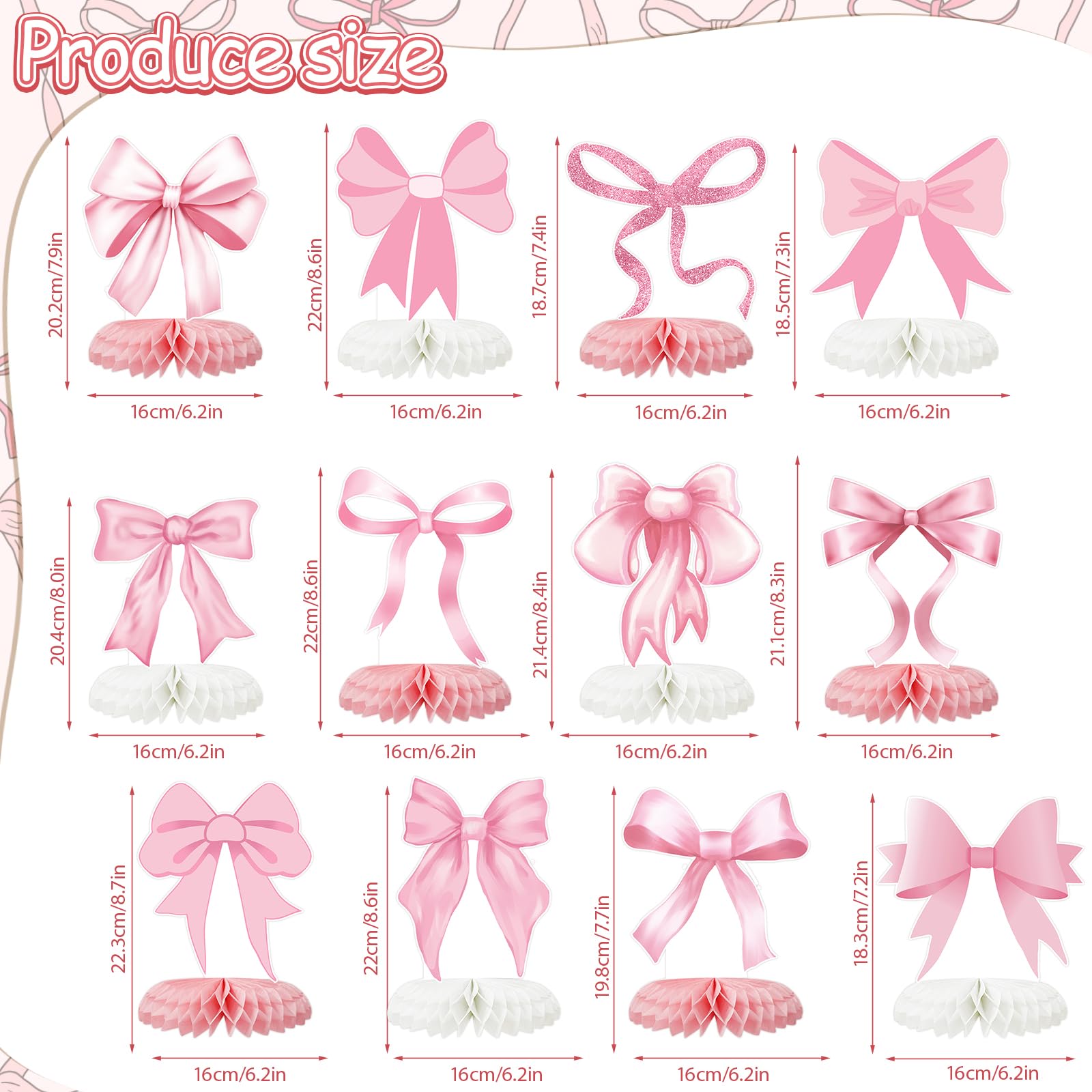 12 Pcs Pink Bow Party Decorations Honeycomb Centepieces 3D Coquette Birthday Table Decor Pink Bow Party Table Topper for Birthday Bachelorette Bridal Wedding Party Supplies