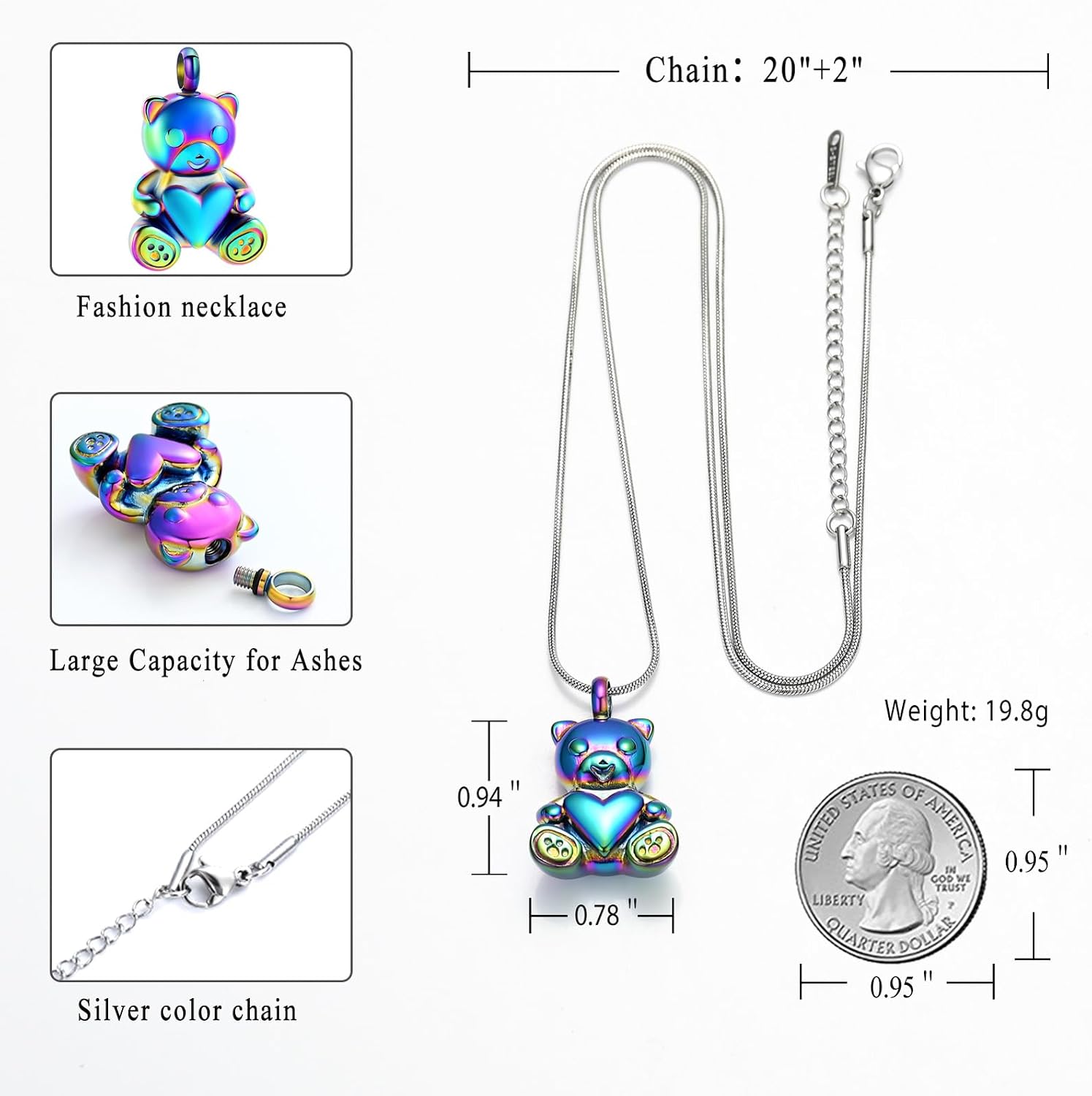 Cremation Jewelry - Teddy Bear Urn Necklace for Men Women with Mini Keepsake Urn Memorial Ash Jewelry