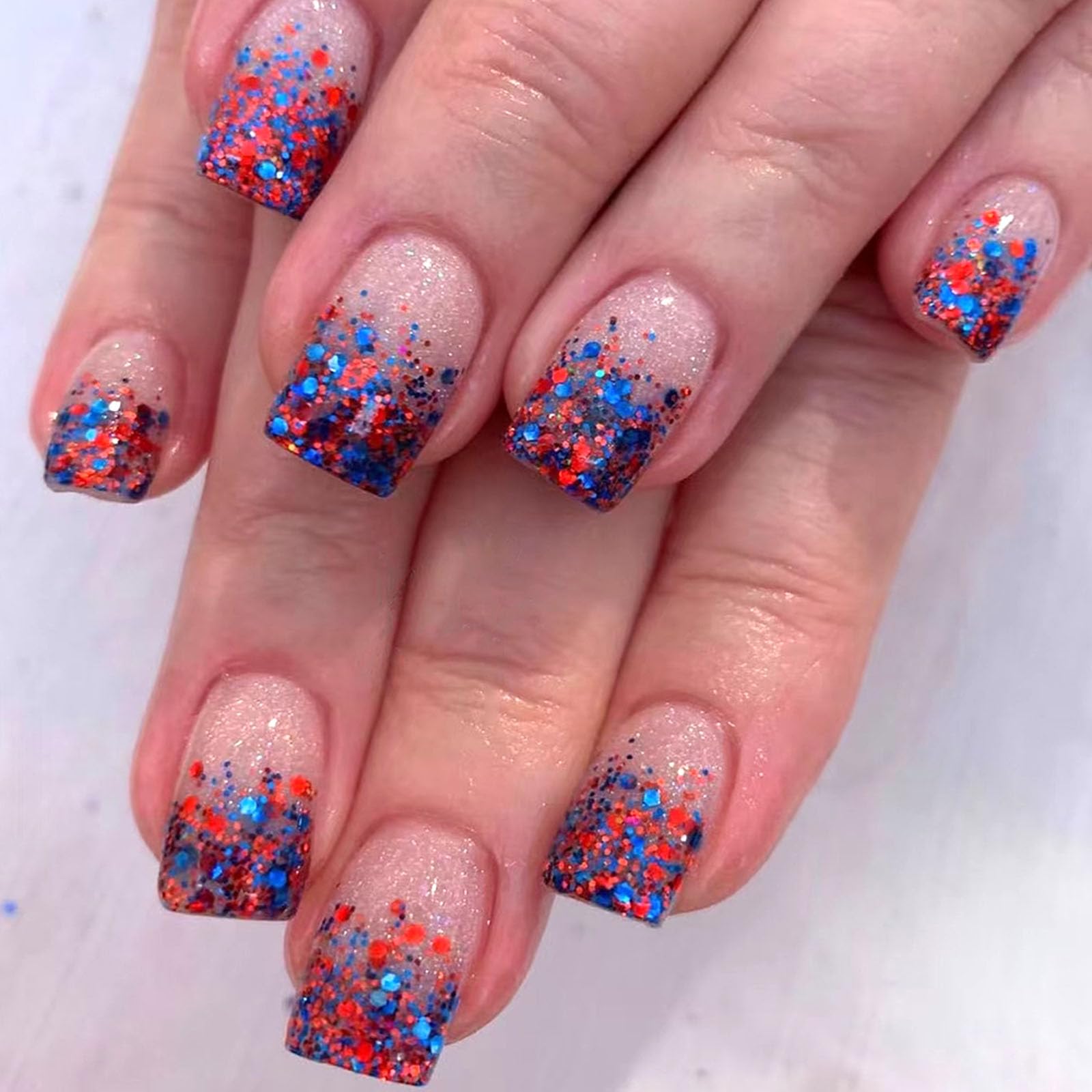 24Pcs Blue Ombre French Tip Independence Day Press on Nails Short Square Fake Nails with Red Blue Glitter Sequins Designs Glossy Glue on Nails Light