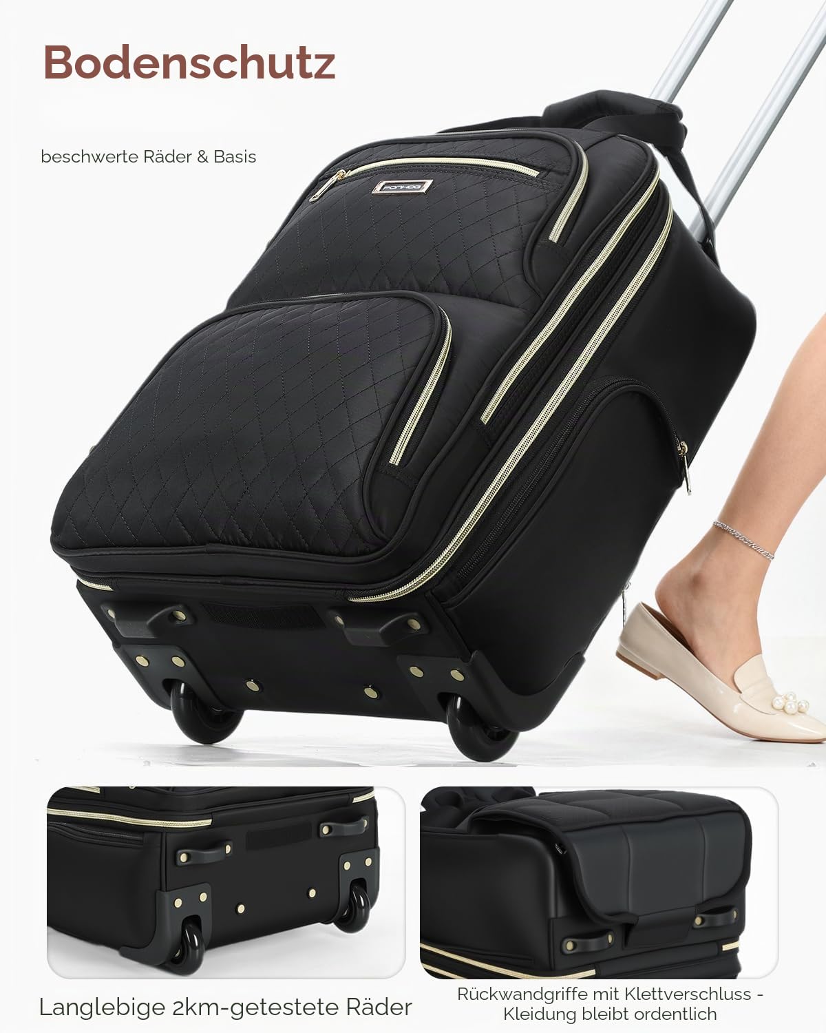Ponhog Rucksack mit Rollen für Damen - 16 Zoll Business Laptop Trolley & Reiserucksack als Handgepäck, Laptoptasche für Arbeit, College und Reisen, Schwarz
