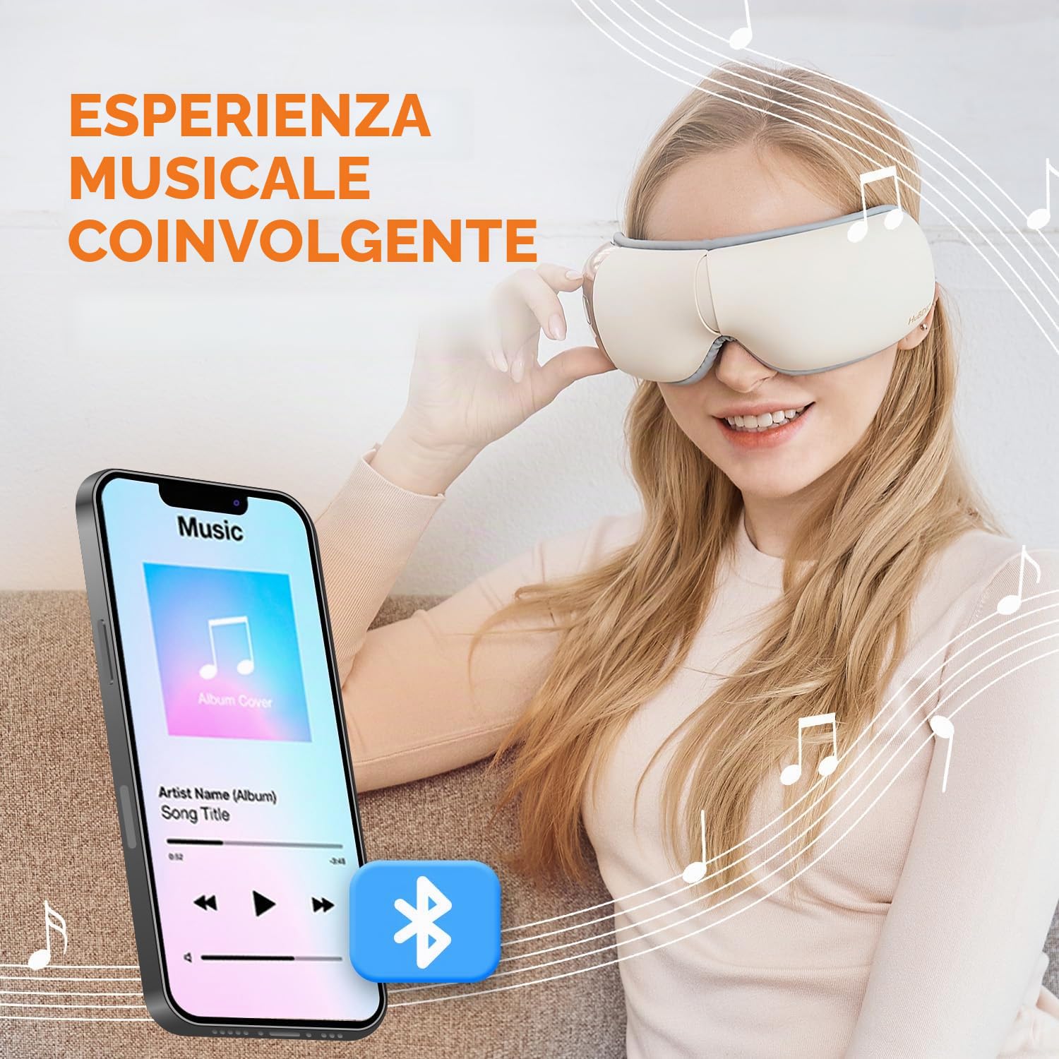 HubiCare HEM-5 Massaggiatore occhi con calore vibrazioni e musica Bluetooth, sollievo da emicrania e affaticamento visivo, riduce occhiaie e borse, relax sonno, design pieghevole portatile (Beige)