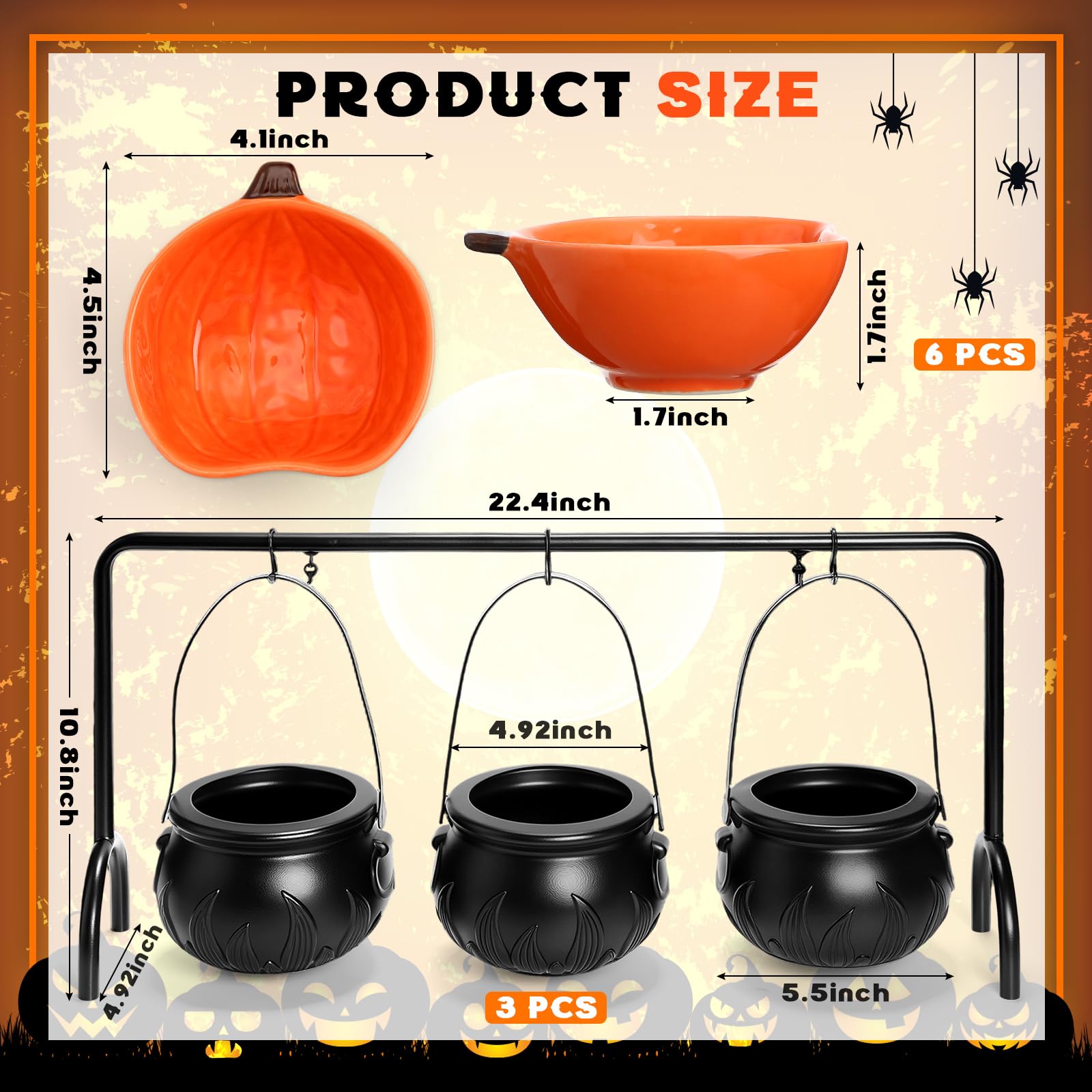 Jingmore 9 Stück Halloween-Party-Dekorationen, 3 Keramik-Hexenkessel, 6 Stück 170 ml Keramik-Schalen, Kürbisförmige Teller für Halloween, Zuhause, Küche, Servieren, Dip-Sauce, Gewürze und Snacks