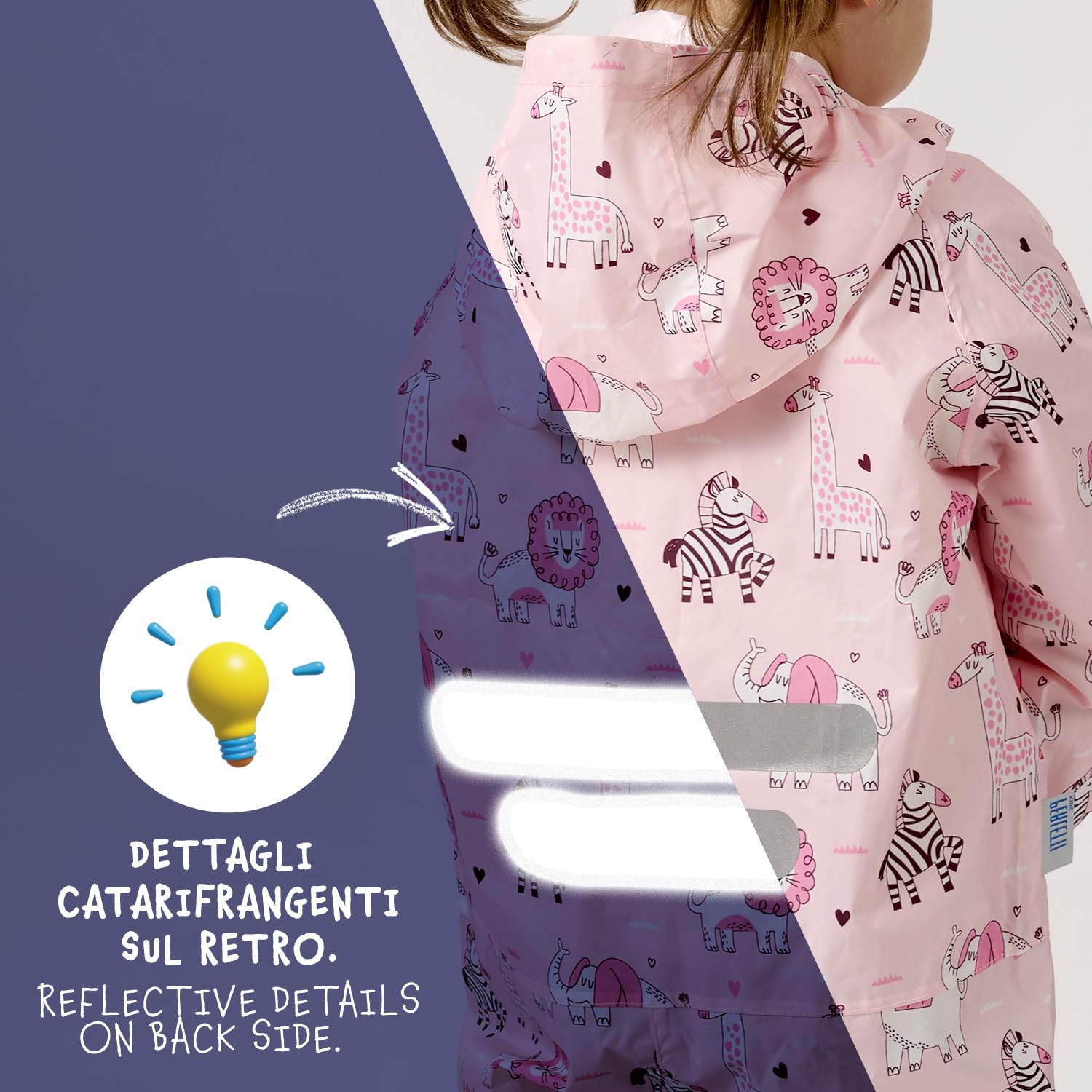 PERLETTI Combinaison de Pluie Enfant Imperméable - Veste Vetements Pluie à Capuche Garçon Fille Résistant Lèger avec Bandes Réfléchissantes