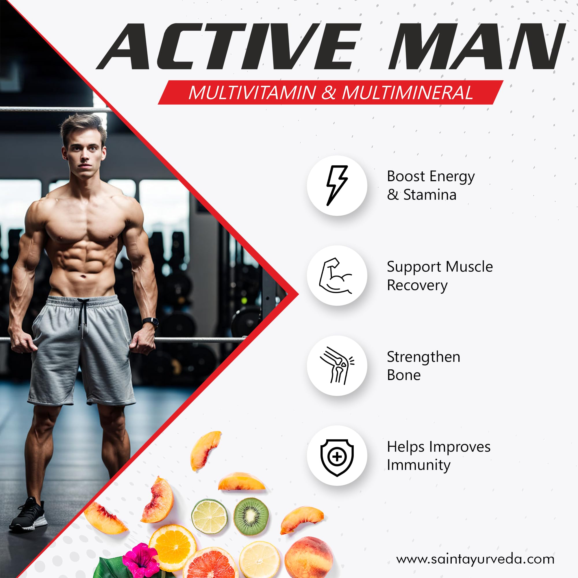 Saint Ayurveda Multivitamin | Active Man | 30 sofgels with Ginseng, Lycopene, Grape Seed Extract & Vitamin B1, B2, B6, B12, A & Folic Acid For Daily Energy, Immunity, Gut & Bone Health 1