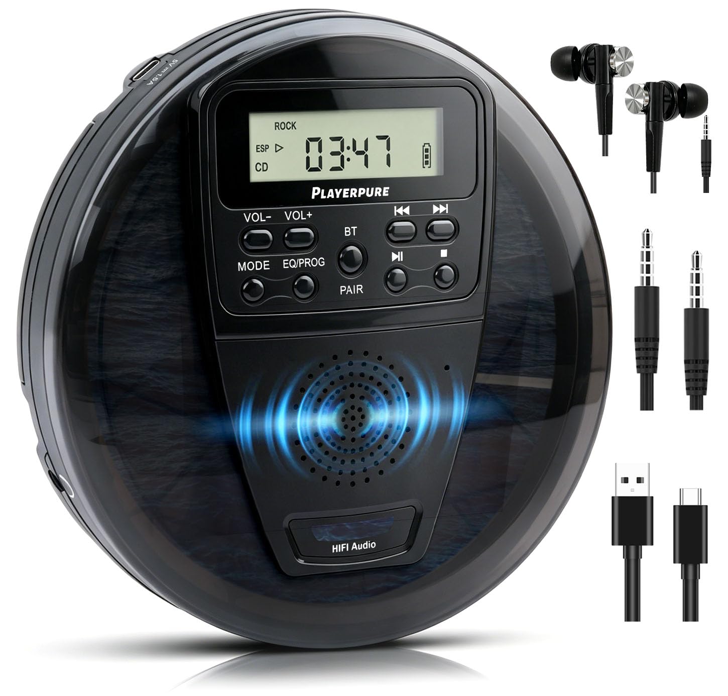 Portable CD Player with Bluetooth and Speaker, 10H Playtime Rechargeable Personal CD Player, HiFi Stereo Sound, 60s Anti-Skip Protection, PROG Playback & EQ Modes, Headphones and AUX Cable Included-image-11