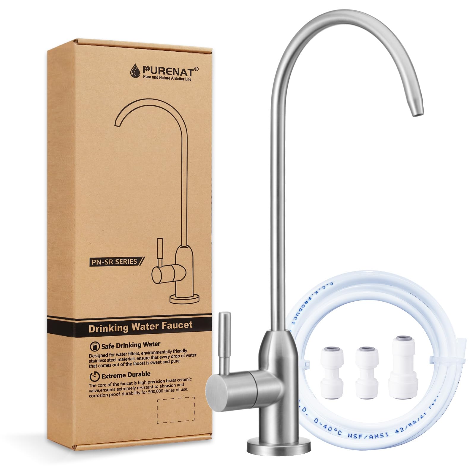 Drinking Water Faucet - Long Thread Stem Filtered Water Tap for Thick Countertop,Lead-Free RO Faucet with Hose and Push Connect Fittings(Brushed Stainless)