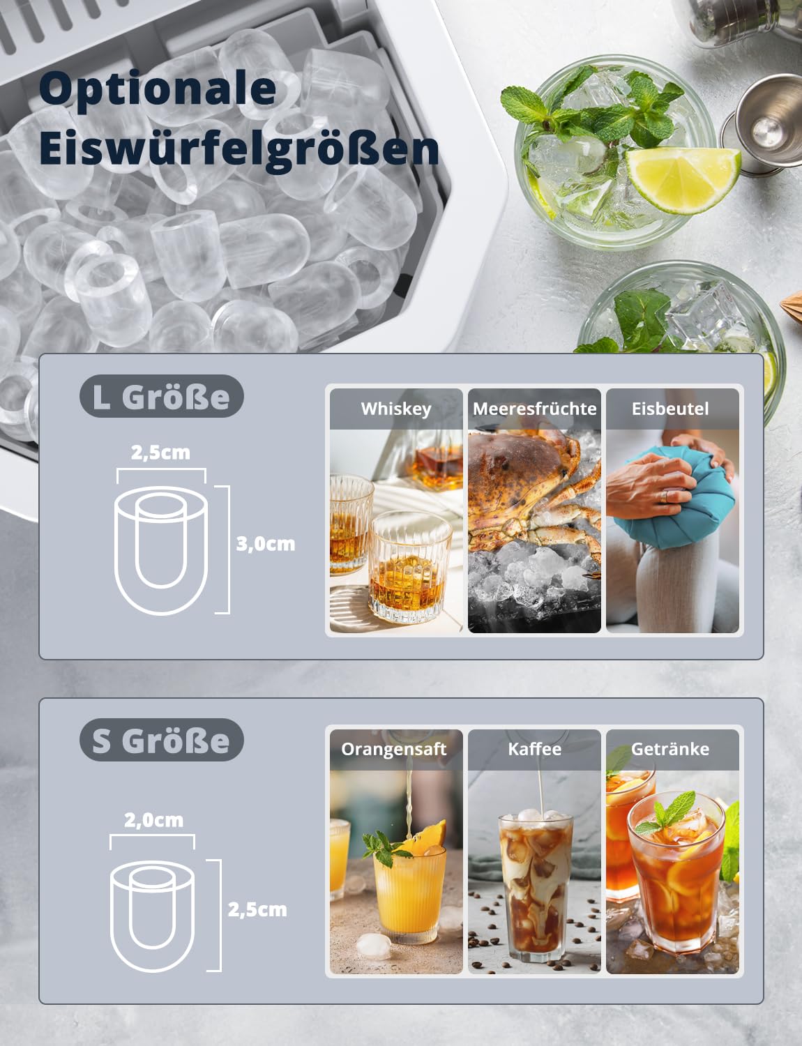 Eiswürfelmaschine, 12kg/24h Eiswürfelbereiter Professioneller Eisbereiter 1,5L Ice Maker 6-13Min Produktionszeit Ice Cube Maker, Eiswürfel Maschine (MEHRWEG)