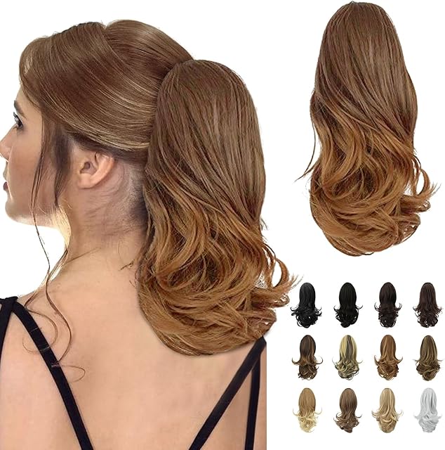 Sofeiyan 13" Ponytail Extension Long Curly Ponytail Clip in Claw Hair Extension Natural Looking Synthetic Hairpiece for Women,Medium Brown/Light Auburn Mix