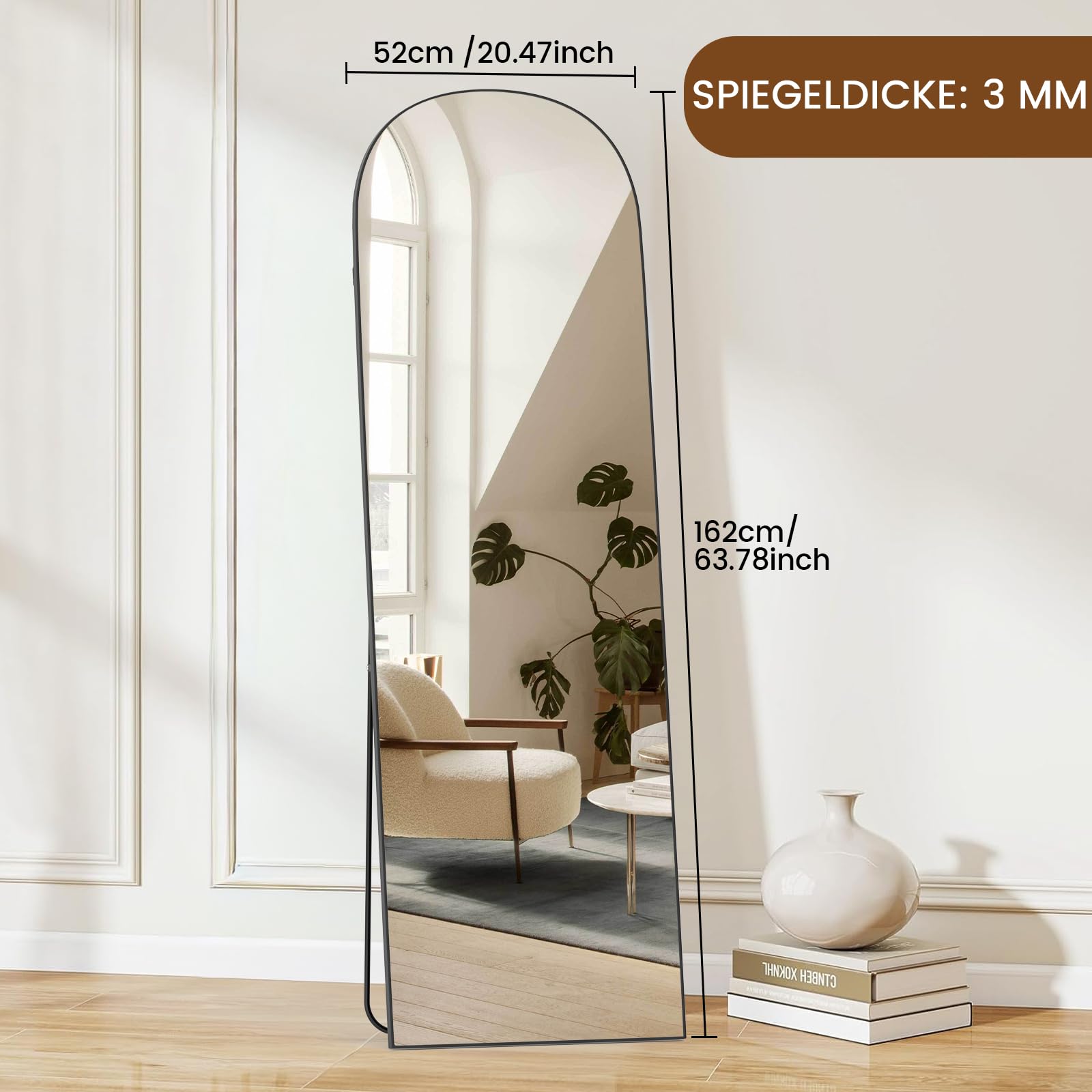 Großer Ganzkörperspiegel, 162 x 52 cm Ganzkörper Standspiegel mit 3 mm Gehärteter Aluminiumspiegel & Aluminiumrahmen, Grosser Wandspiegel Flur Wand mit Ständer, Sichere Verpackung