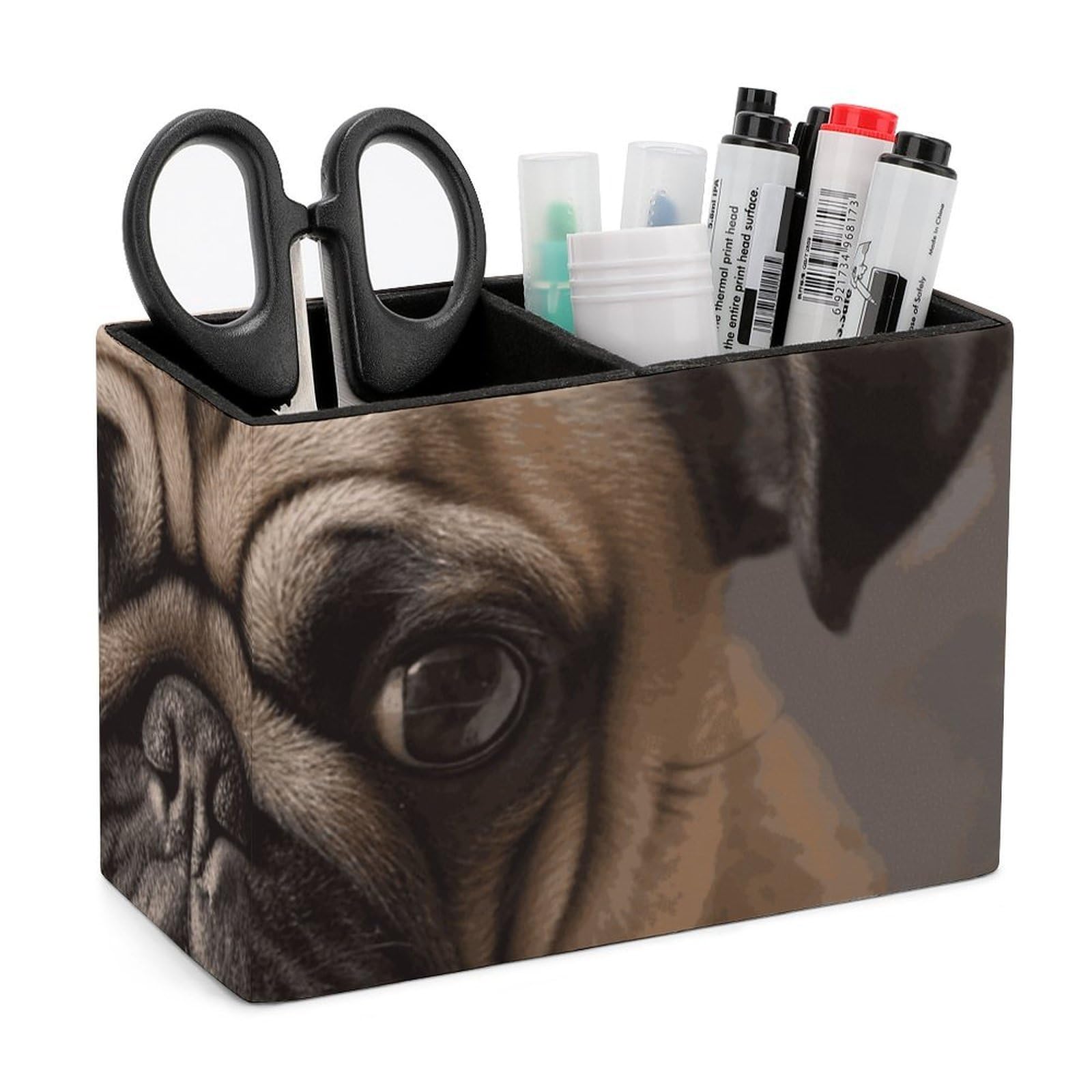 JTREHY Animal Pug Dog Pencil Holder Exquisite Fashion Leather Pen Receptacle Soft High-End Pen Container for Office Home Accessories Or Housewarming Present