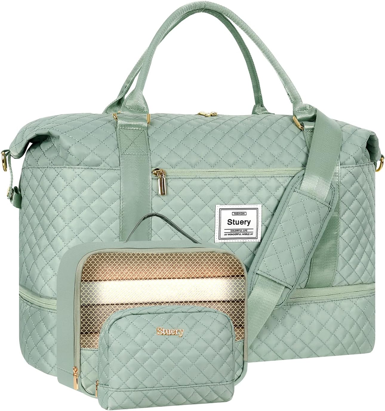 Stuery Weekender Bags for Women with Toiletry Bags: Large Overnight Bags Travel Duffel Bag Carry On Shoulder Weekend Tote with Shoe Compartment and Wet Pocket for Girls Airplane Traveling,Light Green
