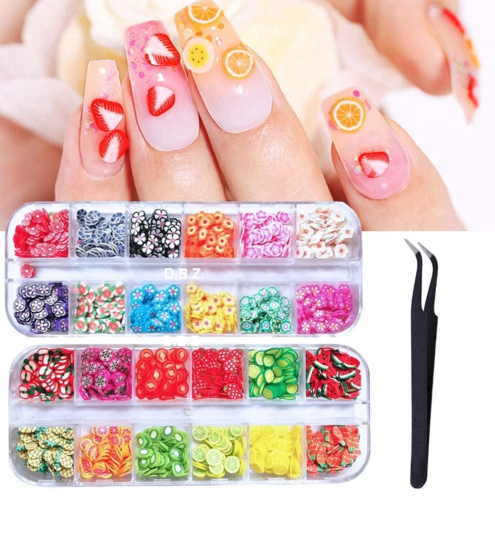 Inence 2 Boxes 3D Nail Art Kit Fruit & Flower 24 Designs & Shapes Polymer  Slices