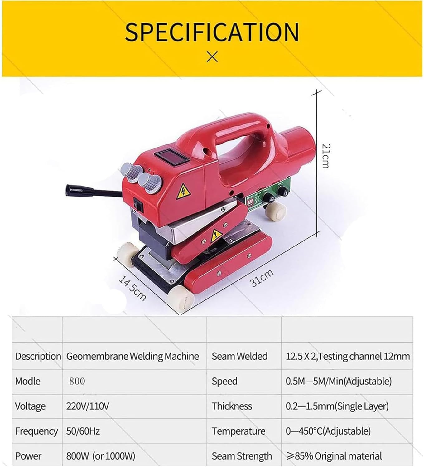 Plastic Membrane Hot Wedge Welder, 800W Geomembrane Welding Machine, Film Welding Machine Plastic for Sealing Welding HDPE EVA PVC, 32~842°F Hot Wedge Welder Tool Kit
