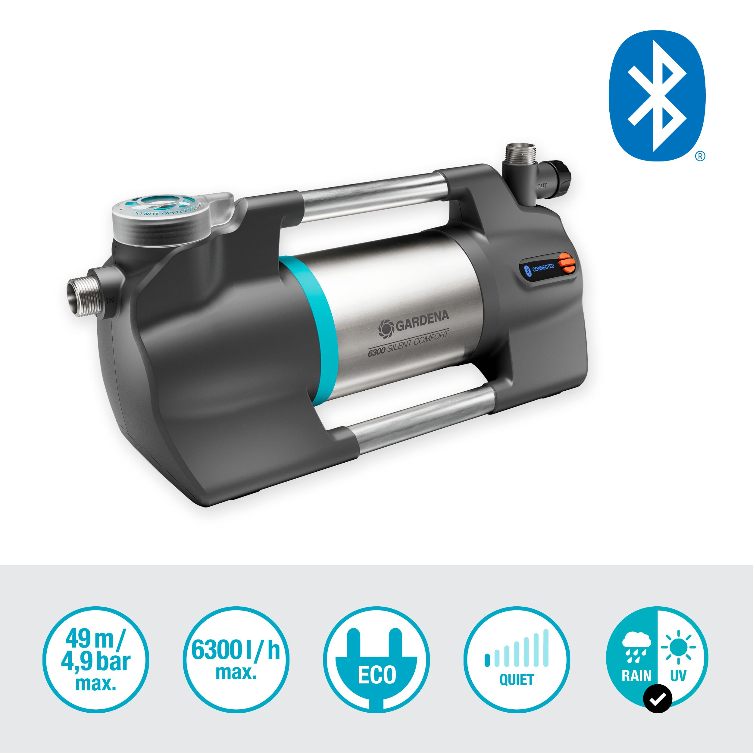 Gardena Gartenpumpe 6300 SilentComfort: Extra leise Bewässerungspumpe via App steuerbar, Fördermenge 6300 l/h, Trockenlaufsicherung, rostfreier Edelstahl, stromsparend und wasserfest (9058-20)