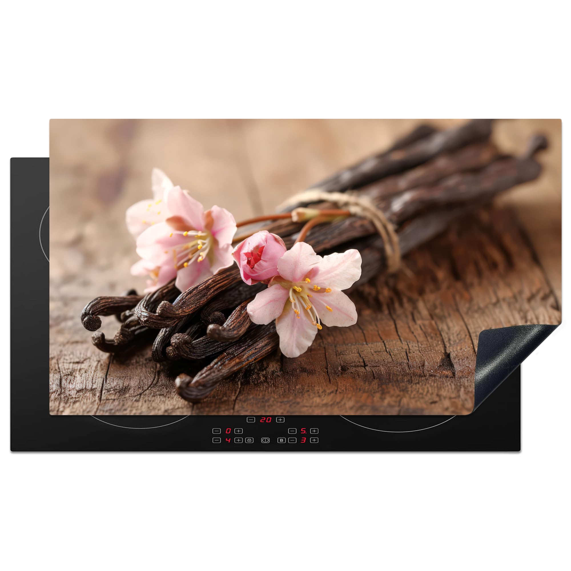 KitchenYeah© Induction Hob Cover Protector Mat 20.5"x35.4" / 90x52 cm Kitchen Universal Ceramic Covers for Electric Cookers Vinyl Vanilla - Flowers - Vanilla pods - Wood - Pink