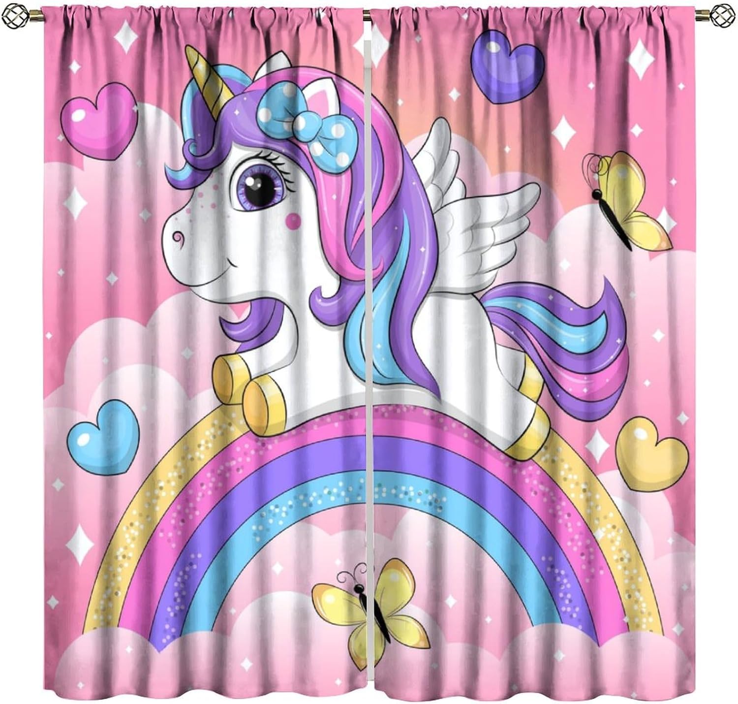 Unicorn Curtains for Girls Fairy Cute Cartoon Rainbow Rod Pocket Blackout Window Drapes for Bedroom Living Room Kitchen Cafe Decor （W21xL45 Inch） x2 Panels