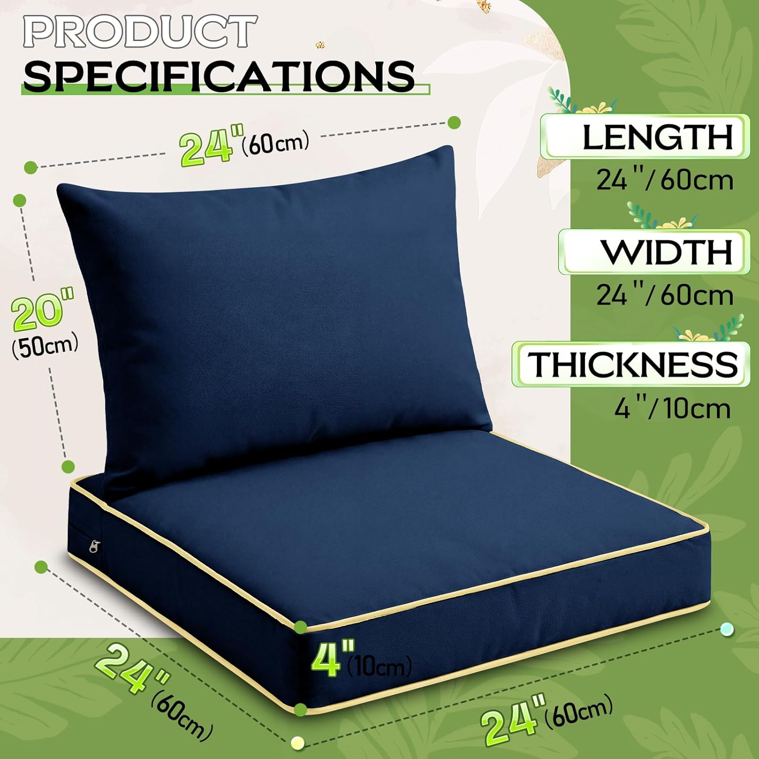 24×24 INCH Patio Furniture Cushion Set with Back Pillow - Outdoor Seat & Back Cushions, Solid Foam Seat + Supportive Pillow, Removable Covers for Deep Seating Chairs, Sofas (BLUE, 24 INCH × 24 INCH)
