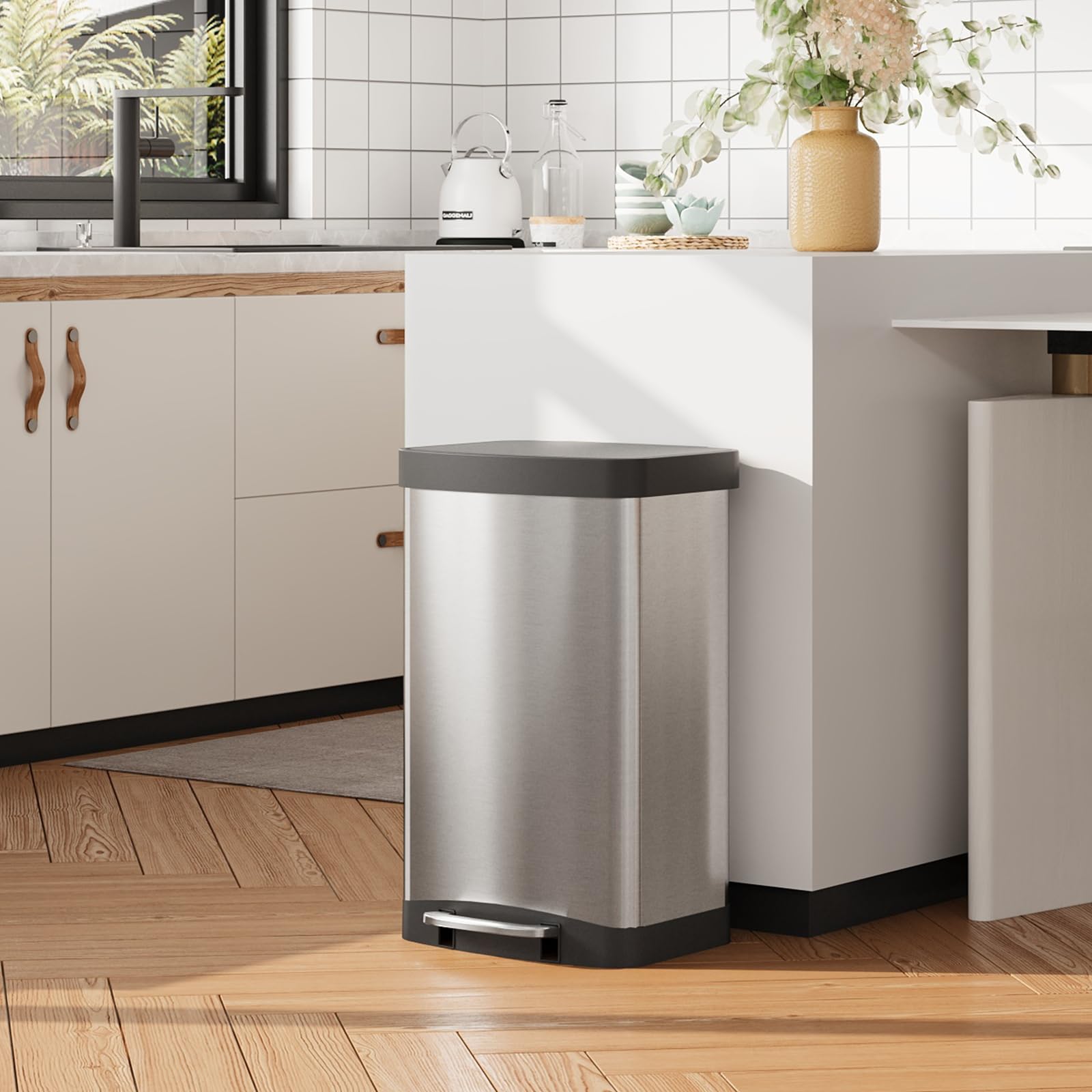 WLIVE Mülleimer Küche 55 Liter, Großer Treteimer mit Softclose-Deckel, Klemmring für Müllsäcke, geruchsdichter Abfalleimer für Küche, Büro oder Schlafzimmer, Silber