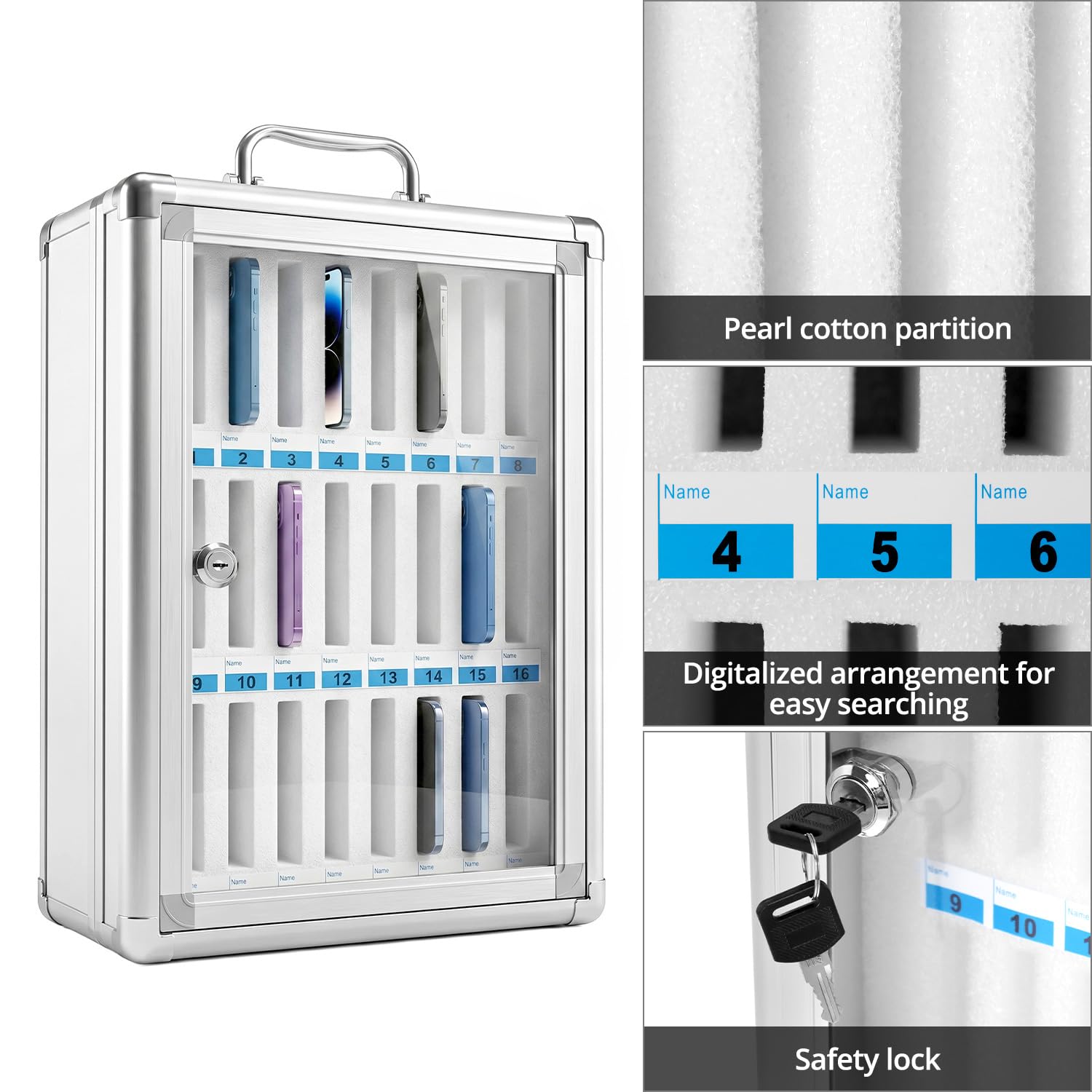 QWORK® Armadietto per Cellulari in Alluminio a 24 Scomparti – Mobile Porta Cellulare con Serratura di Sicurezza per Scuola, Ufficio e Palestra – Organizer Smartphone da Parete, Argento