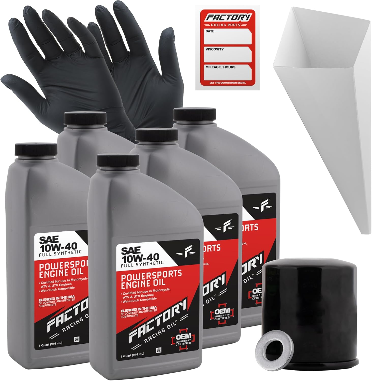Factory Racing Parts Oil Change Kit compatible with Kawasaki KAF700 Mule Pro-MX – Includes 5 Quarts of 10W-40 Full Synthetic Oil, 1 Filter, 1 Crush Washer, 1 Funnel, 1 Oil Change Sticker