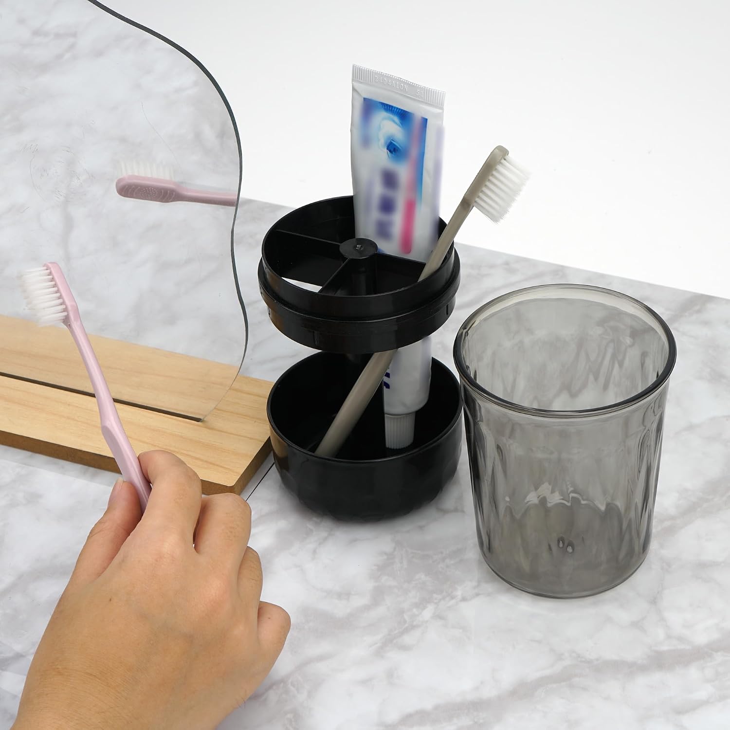 Toothbrush Holder Stand with Cup/Cover, Adjustable Height Toothbrush Organizer with 3 Slots, Portable for Bathroom, Travel, Camping (Black) image 5