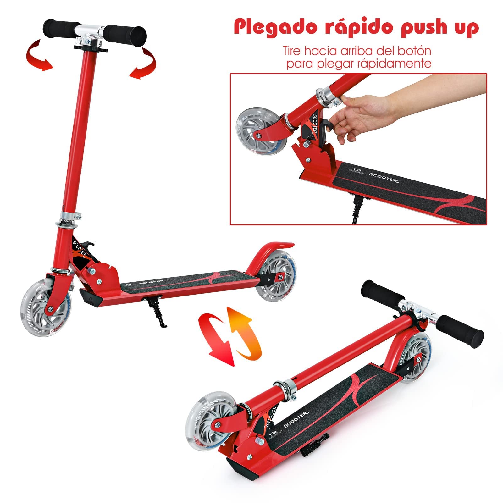 COSTWAY Patinete Niño,4 a 13 años, Scooter Roller con 2 Led Ruedas, Altura Ajustable, Patinete Plegable hasta 70kg