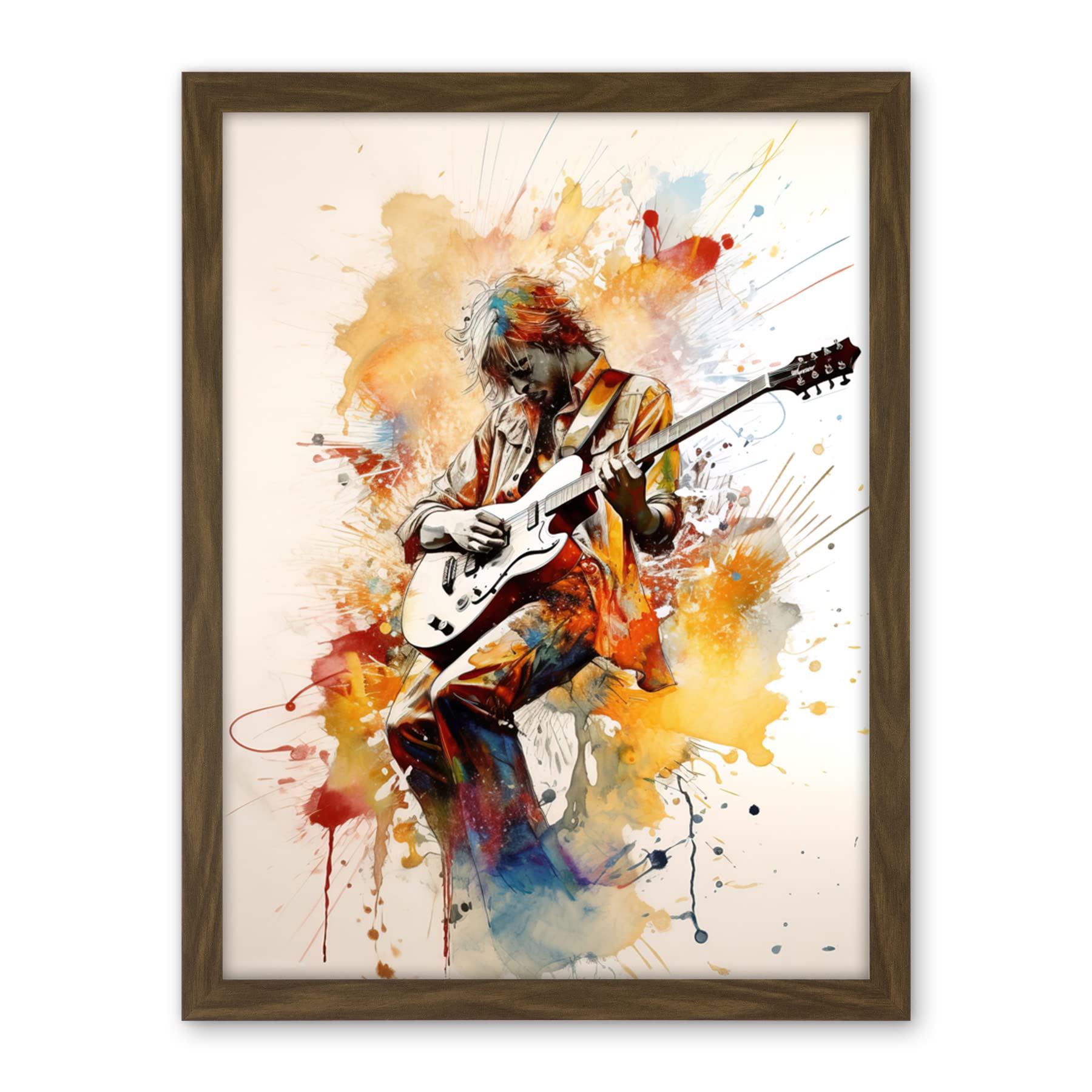 Artery8 Guitarist Musician Playing Solo on Electric Guitar Modern Watercolour Illustration Artwork Framed Wall Art Print 18X24 Inch