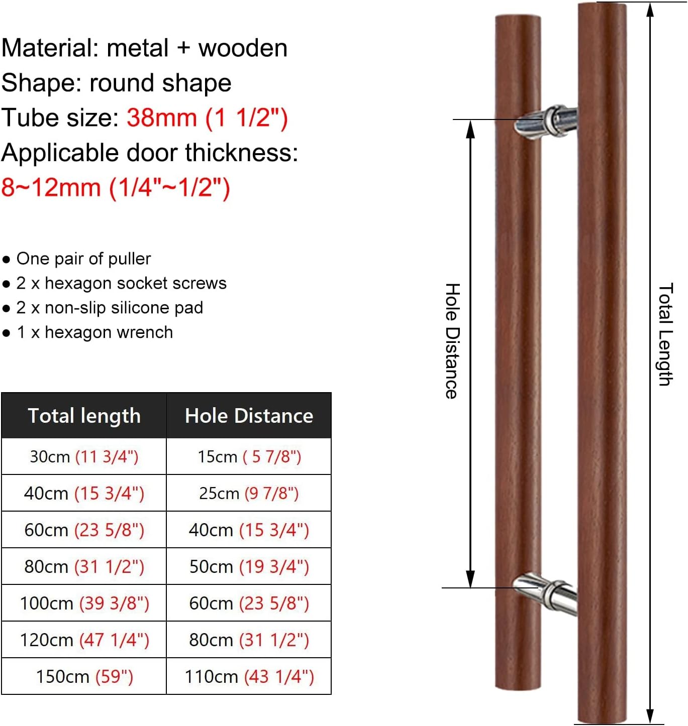 Modern Reddish Brown Wood Push Pull Door Handle Set for Interior/Exterior Front Doors H Shape Sliding Door Hardware 150cm (59")