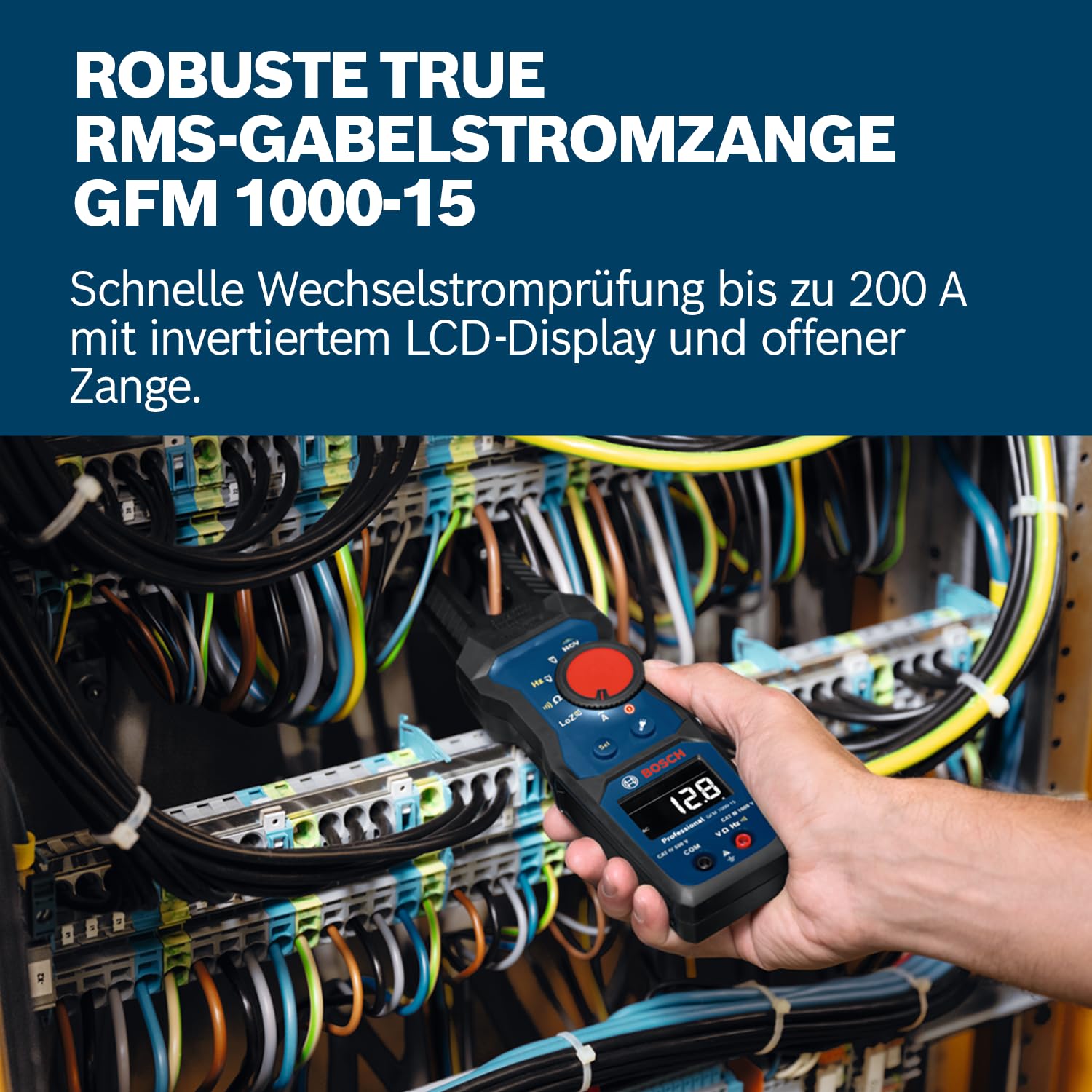 Bosch Professional Gabelstromzange GFM 1000-15 (True RMS, invertiertes LCD, misst bis 200 A AC, berührungsloser Spannungsprüfer, kompatibel mit Magnetaufhänger MH 1, 2 x 1,5 V LR06 (AA))