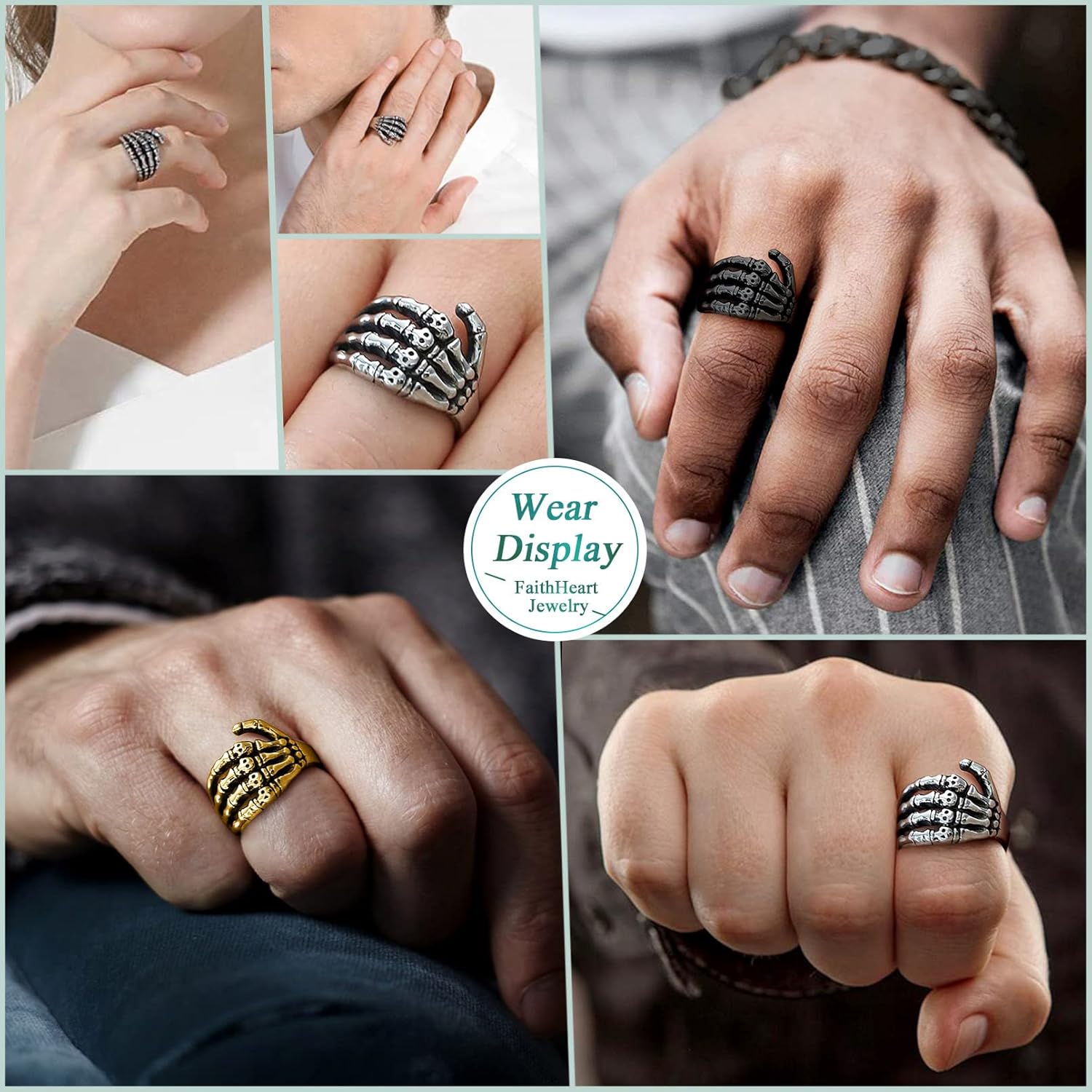 FaithHeart Skull Rings for Men Gothic Punk Stainless Steel Band Rings Biker Skeleton Thumb Ring Cocktail Party Jewelry with Gift Box