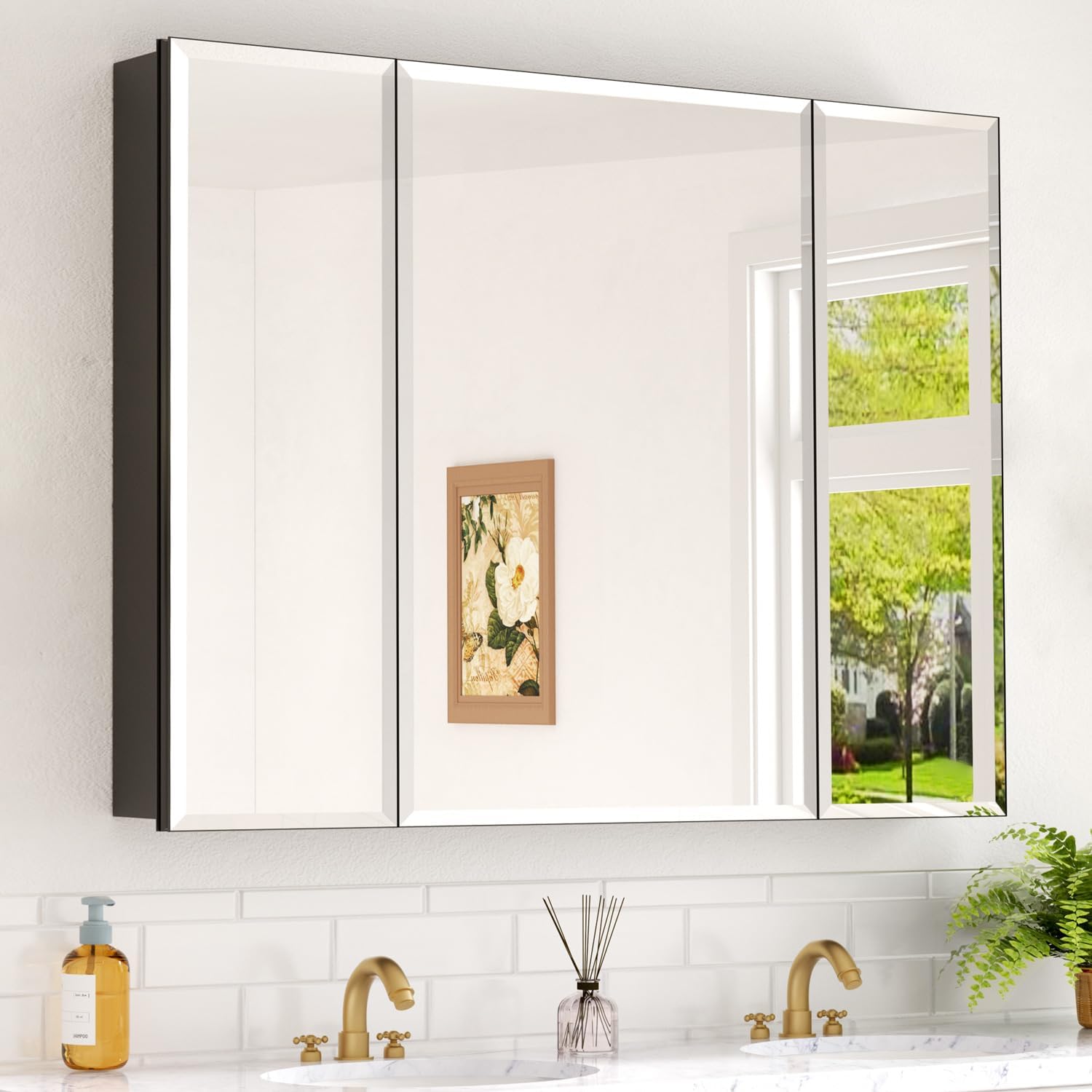36x30 Inch Medicine Cabinet with Mirror, Aluminum Framed Bathroom Mirror Cabinet, Beveled Edge Mirrored Door, Adjustable Shelves, Surface or Recessed Mount Bathroom Mirrors with Storage, Black 36 in. x 30 in.