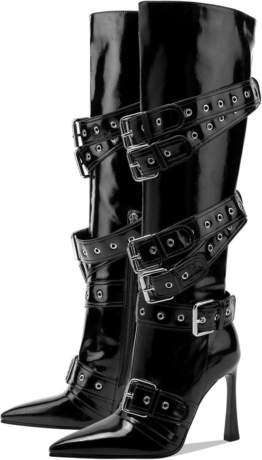 GOSERCE Women's Kitten Heel Knee High Boots Sexy Pointed