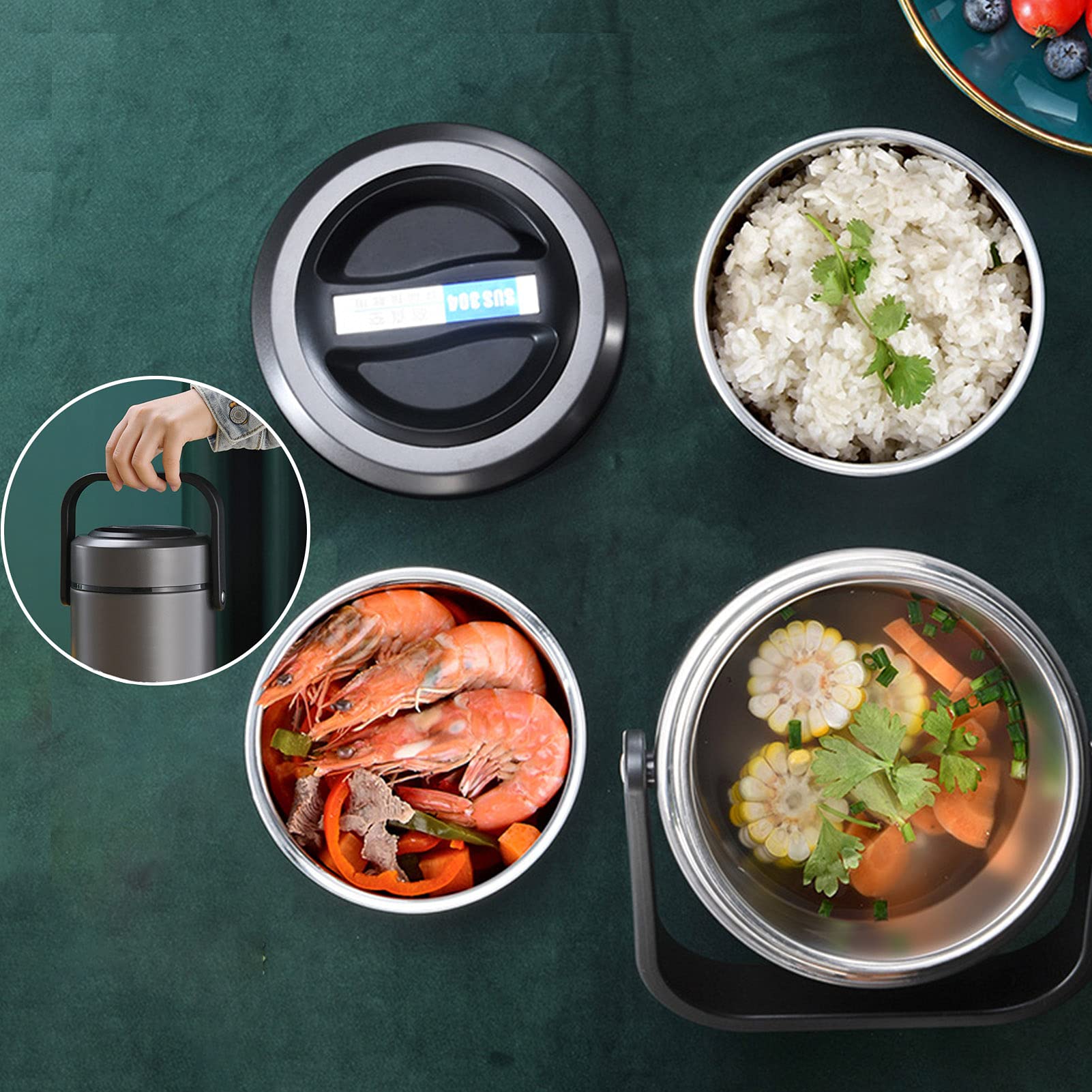 Térmicas Cajas bento,Fiambrera térmica de Acero Inoxidable de 3 Capas,Recipiente de Comida térmico a Prueba de Fugas, Lonchera con Aislamiento,para Escuela Oficina Picnic,Plata,1.6L