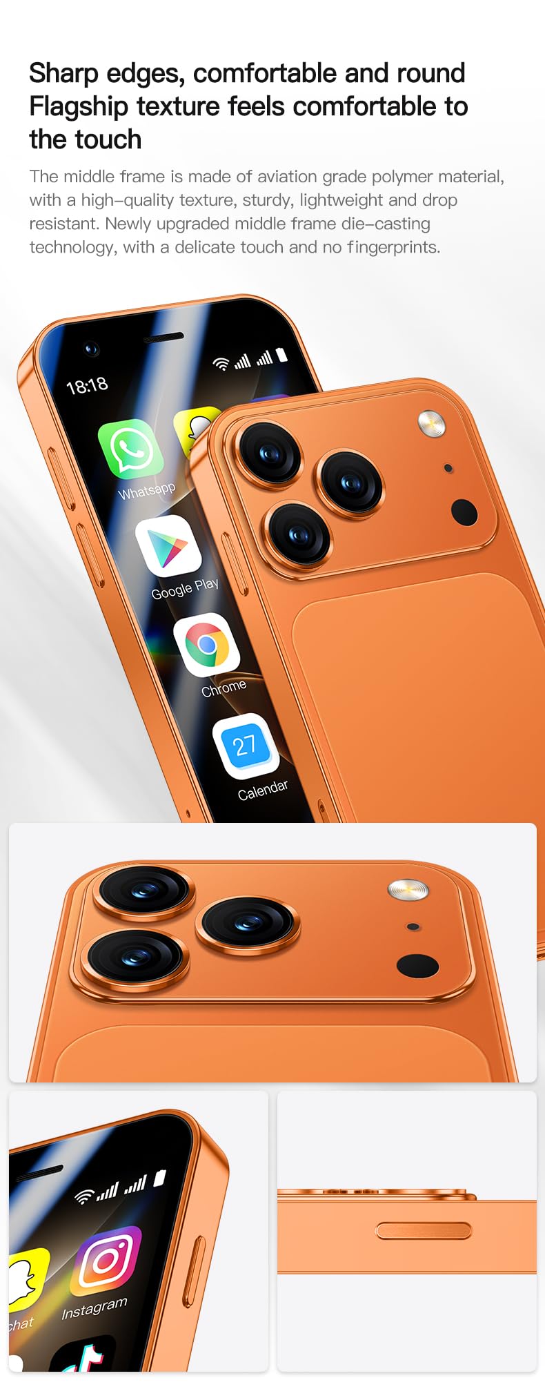 A17 Mini Compact Smartphone, 3.0-Inch HD Display, Android OS, 900mAh Long-Lasting Battery, HD Rear Camera, Pocket-Sized Unlocked Phone, Ideal for Backup & Travel (Orange) | 3.0-Inch, HD Display, Android 15 OS, 900mAh — view 3