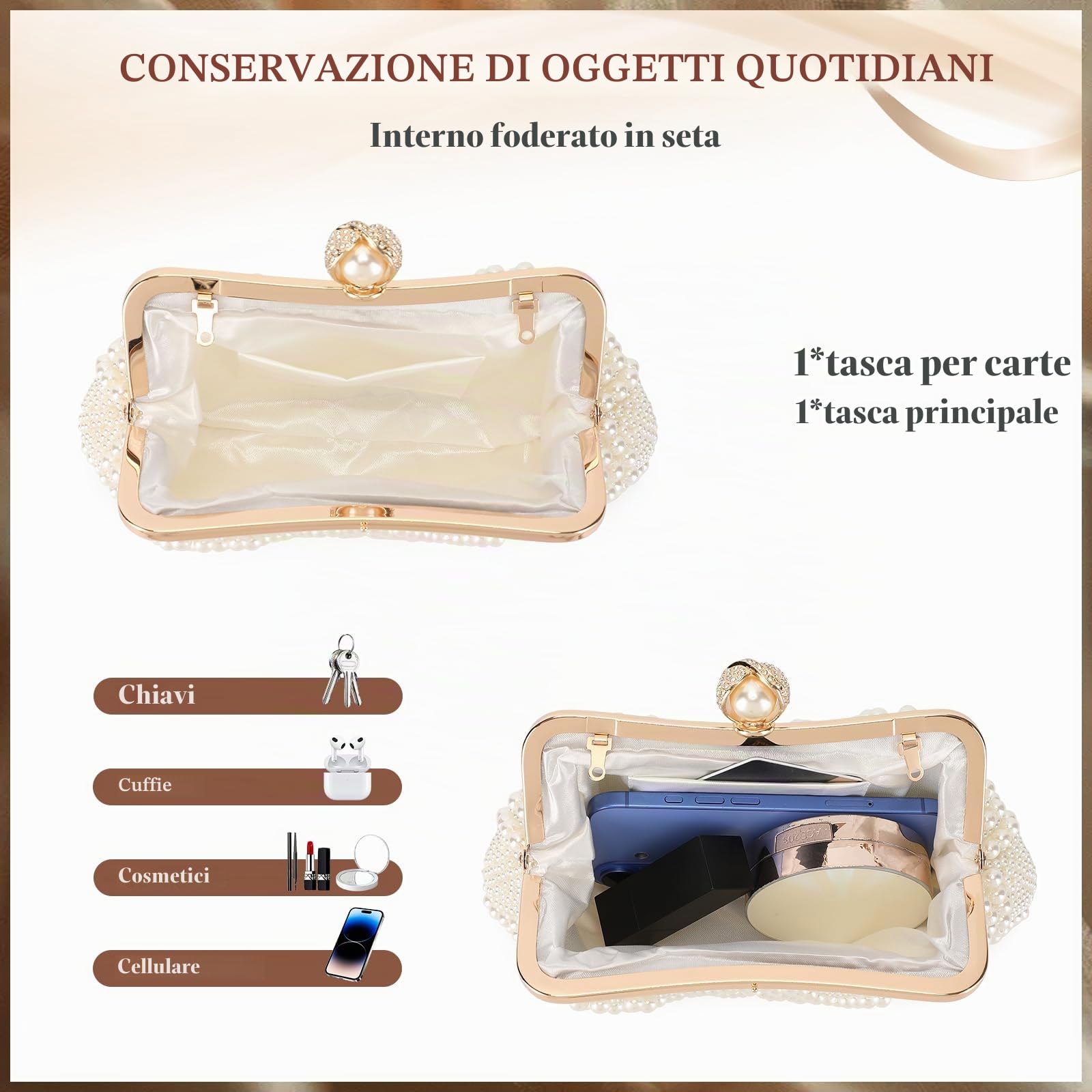 BAIGIO Pochette Donna Elegante, Clutch Donna Cerimonia, Borsetta da Sera, Borsa a Tracolla Catena, Borsa Piccola in Perla per Matrimonio Party Sposa Cocktail Festa, Nero/Bianco
