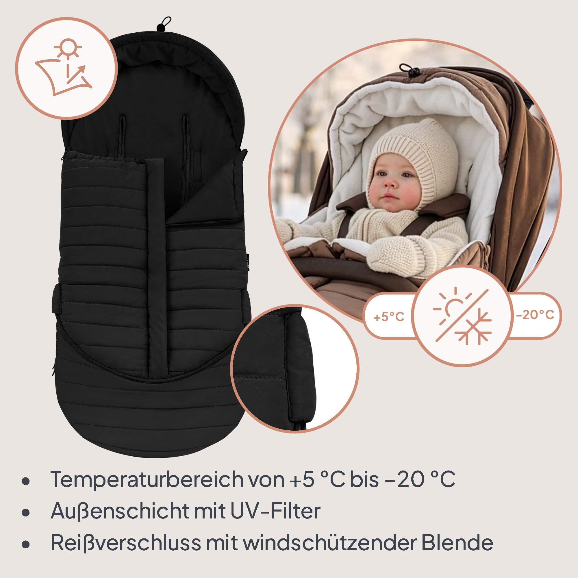 Lionelo Oli Winterfußsack Kinderwagen – Universal für Buggy & Babywanne | Öffnungen für 5-Punkt-Gurt, wasserabweisend, warm bis −20°C, mit Reißverschluss, waschbar, hypoallergen